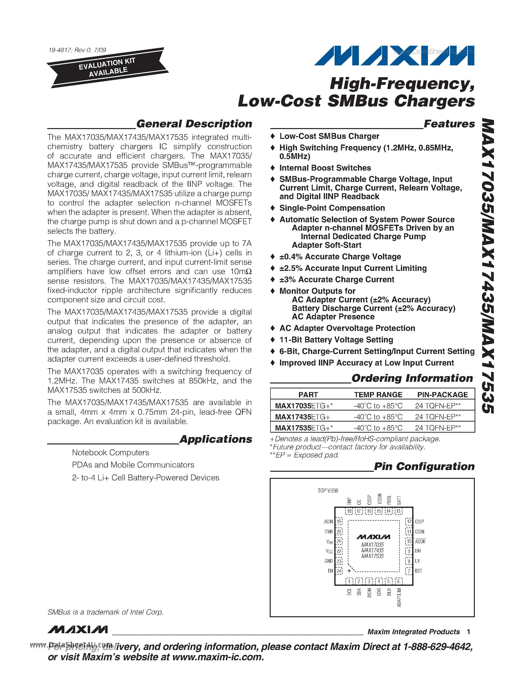 Даташит MAX17035 - High-Frequency Low-Cost SMBus Chargers страница 1