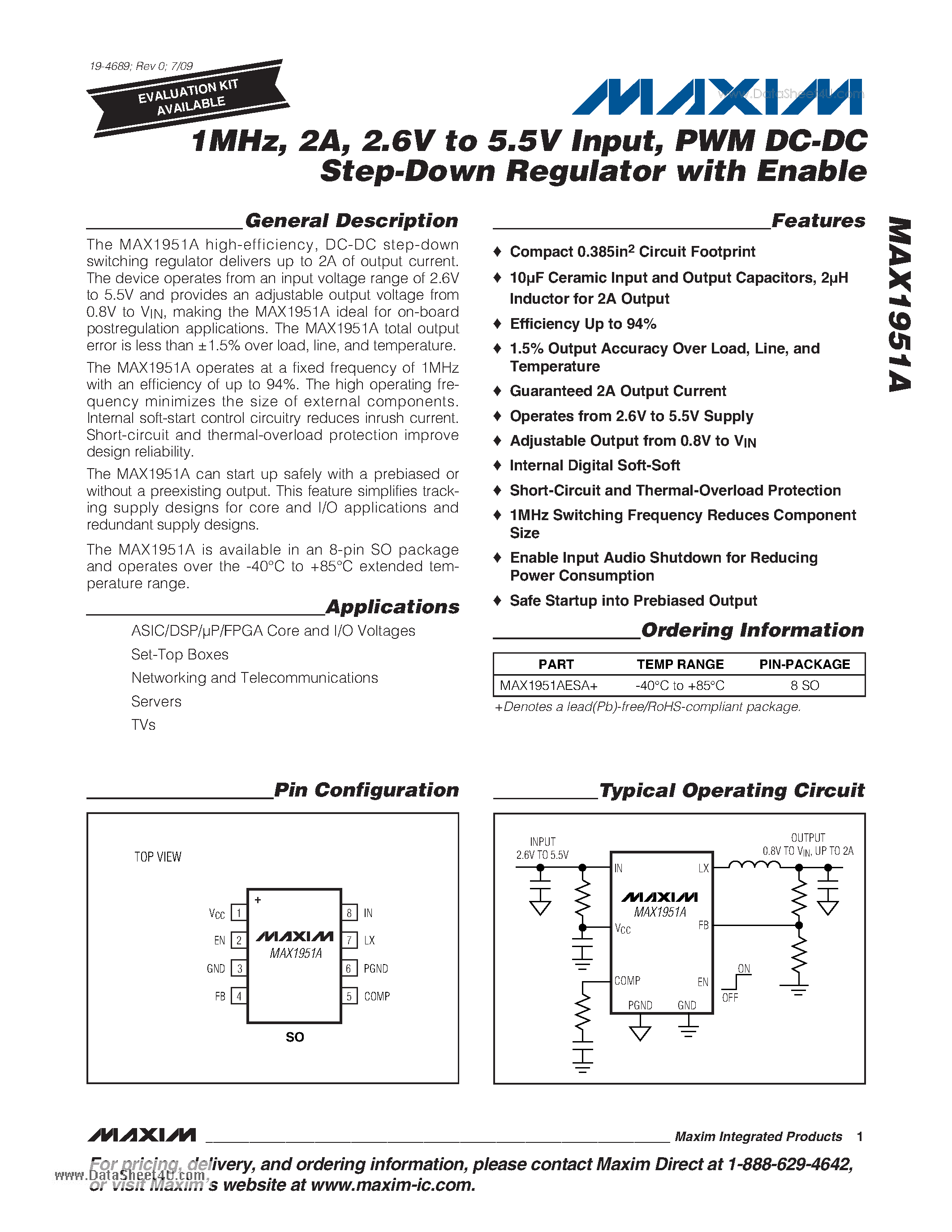 Datasheet MAX1951A - PWM DC-DC Step-Down Regulator page 1