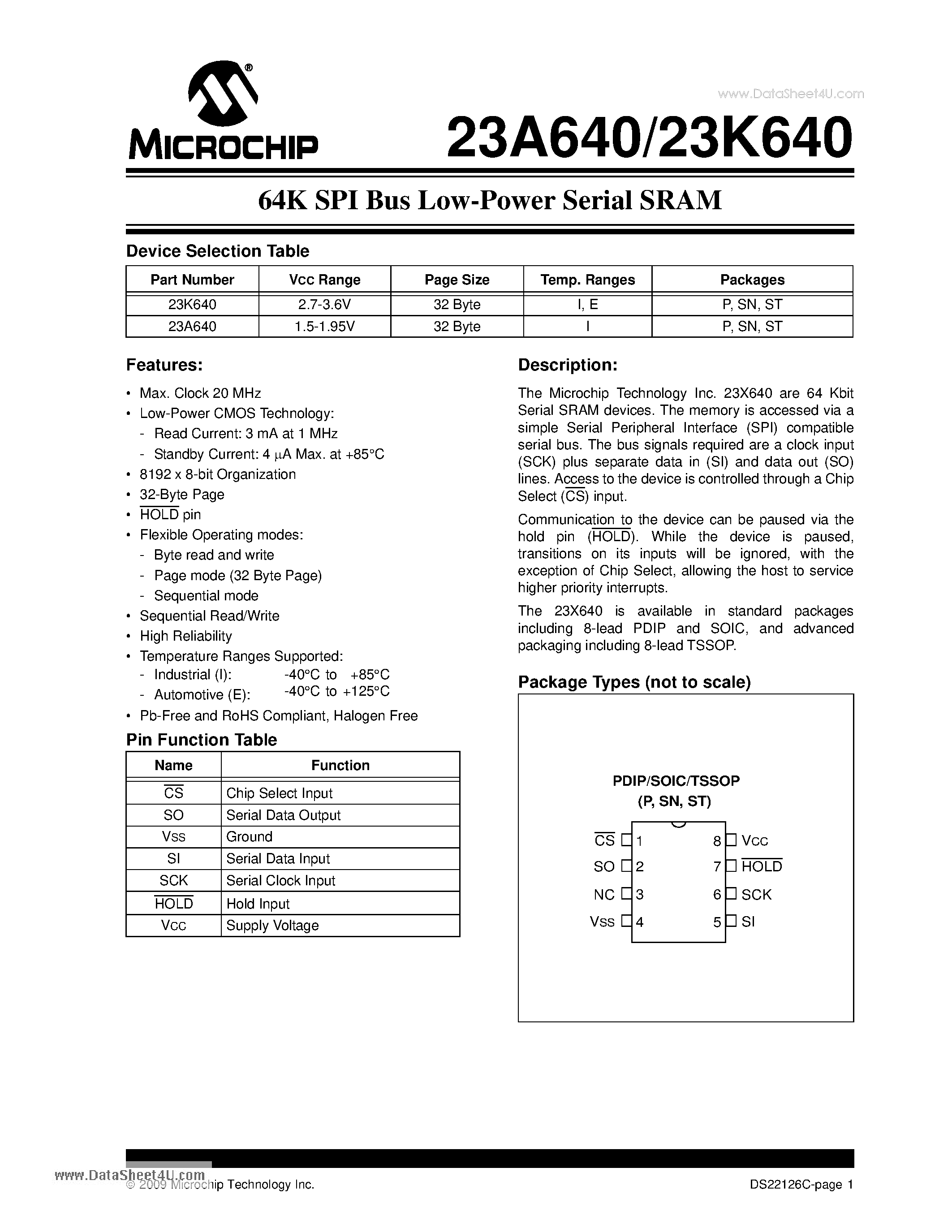 Datasheet 23K640 - 64K SPI Bus Low-Power Serial SRAM page 1