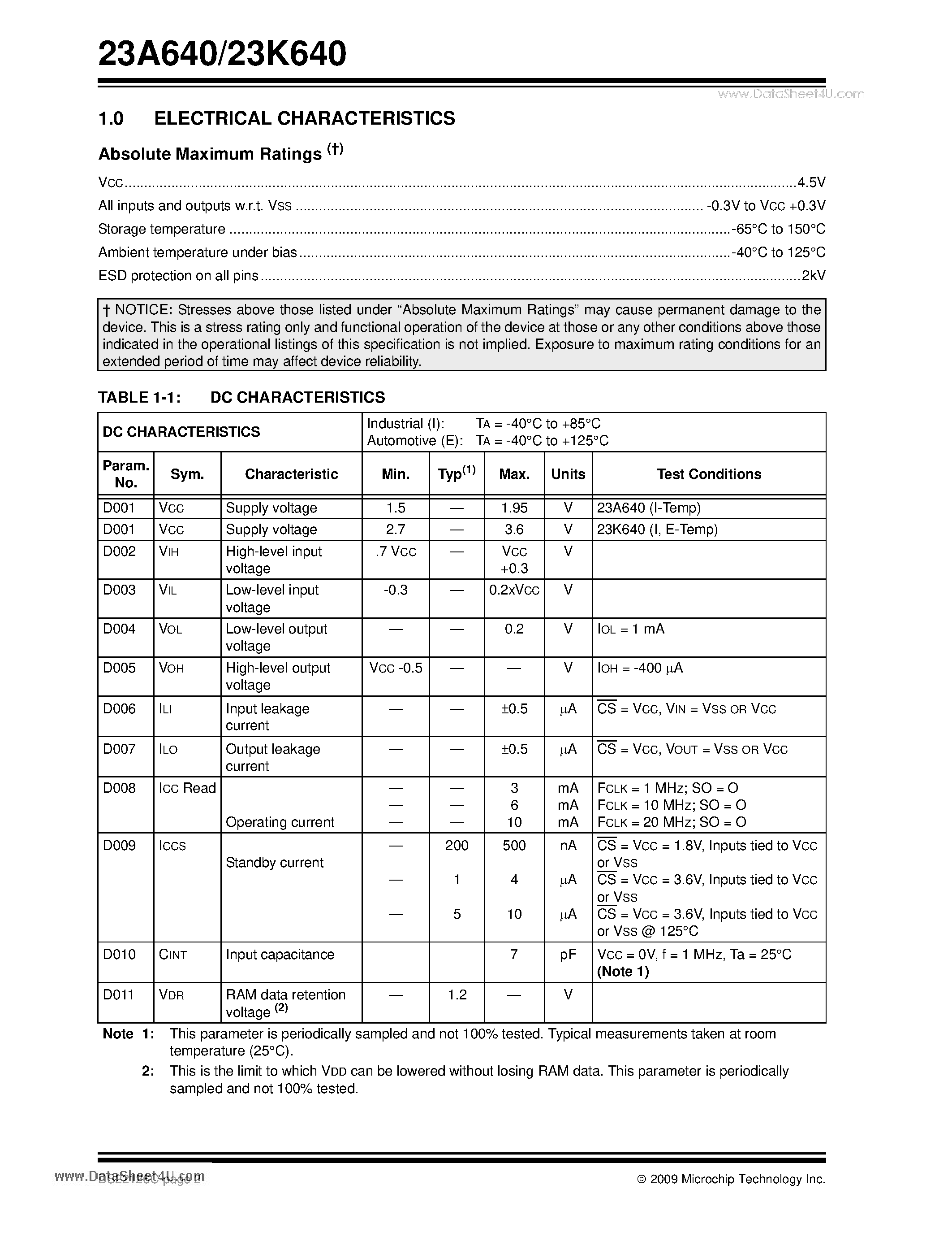 Datasheet 23K640 - 64K SPI Bus Low-Power Serial SRAM page 2
