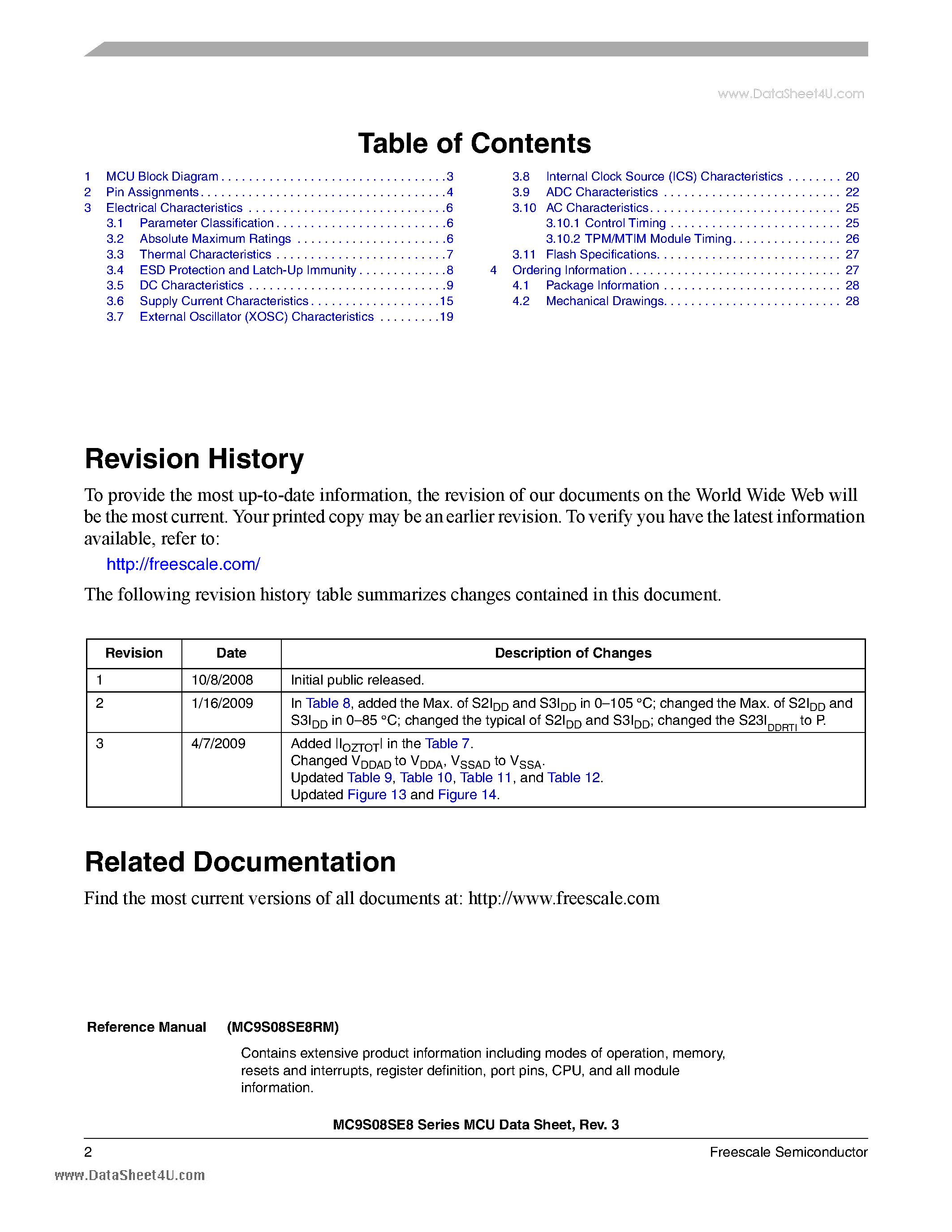 Даташит на микросхему MC9S08SE8 страница 2 Даташит MC9S08SE8 - 4-Bit HCS08 Central Processor Unit страница 2