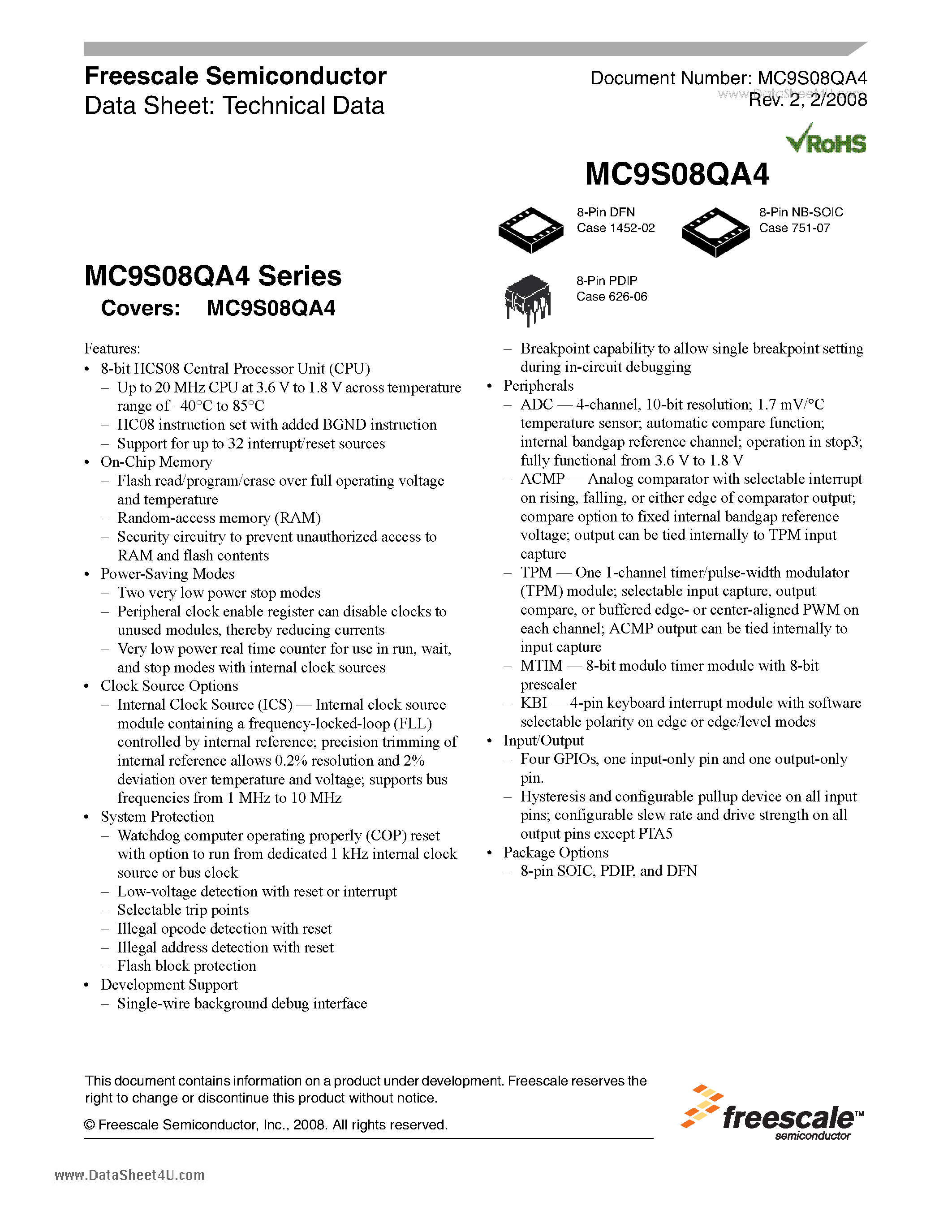 Даташит на микросхему MC9S08QA4 страница 1 Даташит MC9S08QA4 - 8-bit HCS08 Central Processor Unit страница 1