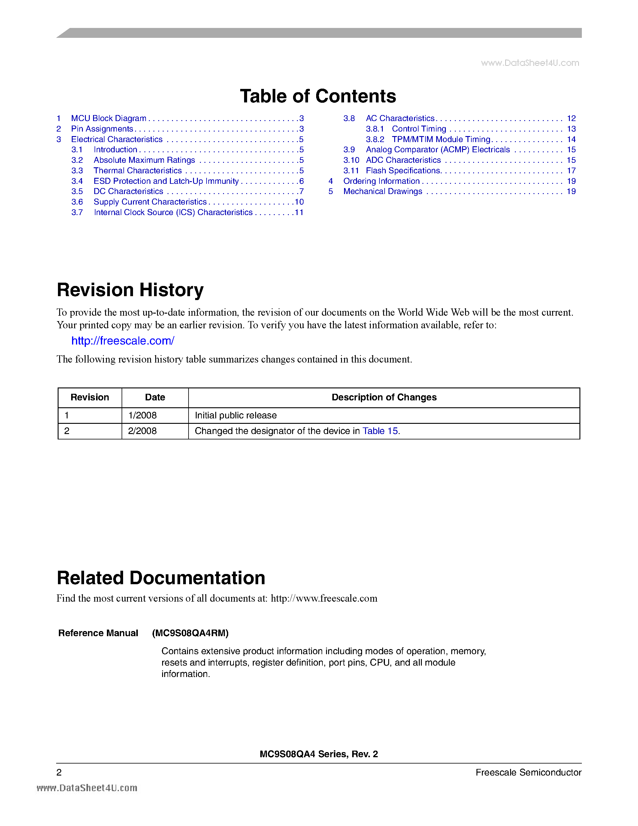 Даташит на микросхему MC9S08QA4 страница 2 Даташит MC9S08QA4 - 8-bit HCS08 Central Processor Unit страница 2