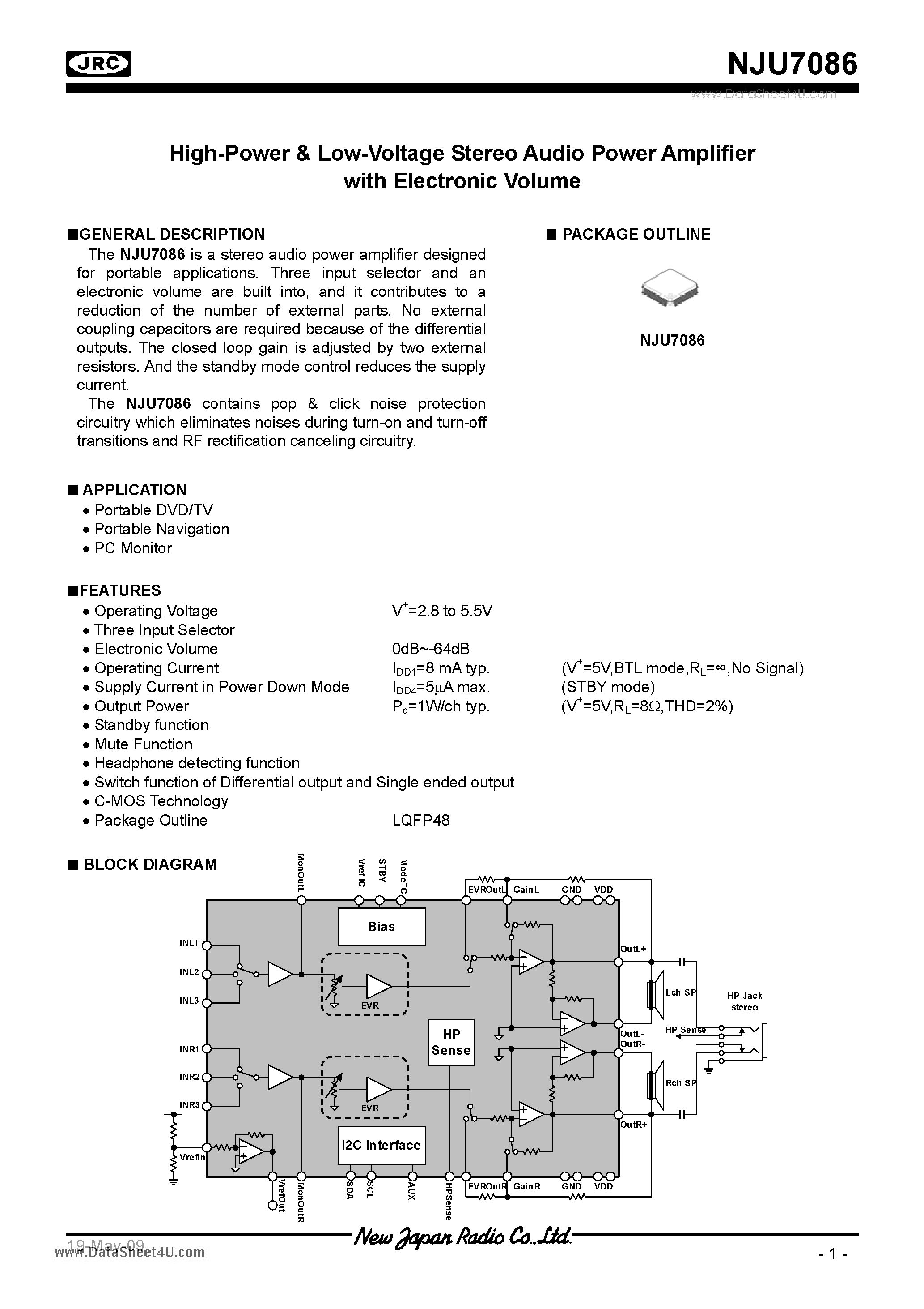 Даташит NJU7086 - High-Power & Low-Voltage Stereo Audio Power Amplifier страница 1