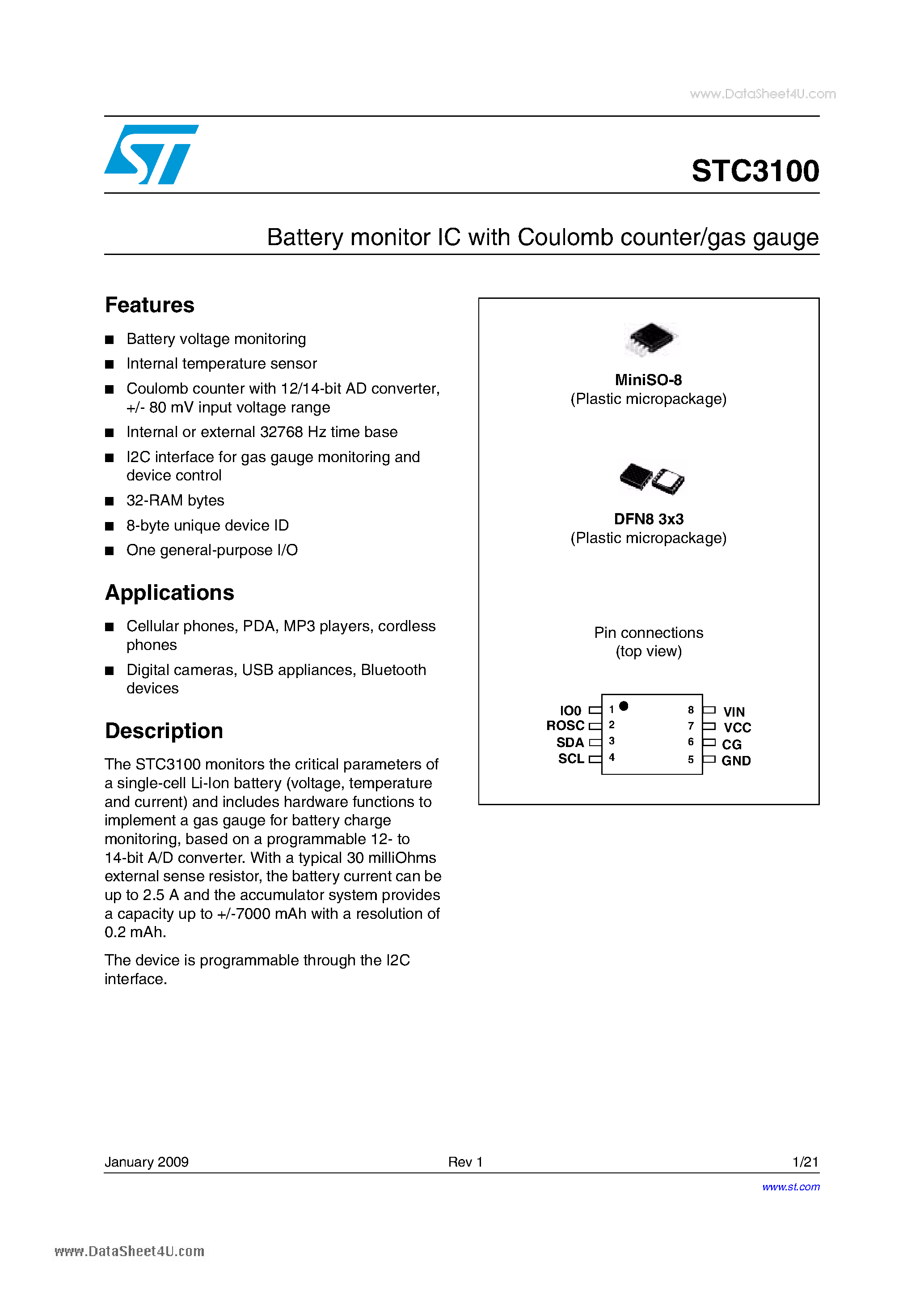 Datasheet STC3100 - Battery monitor IC page 1