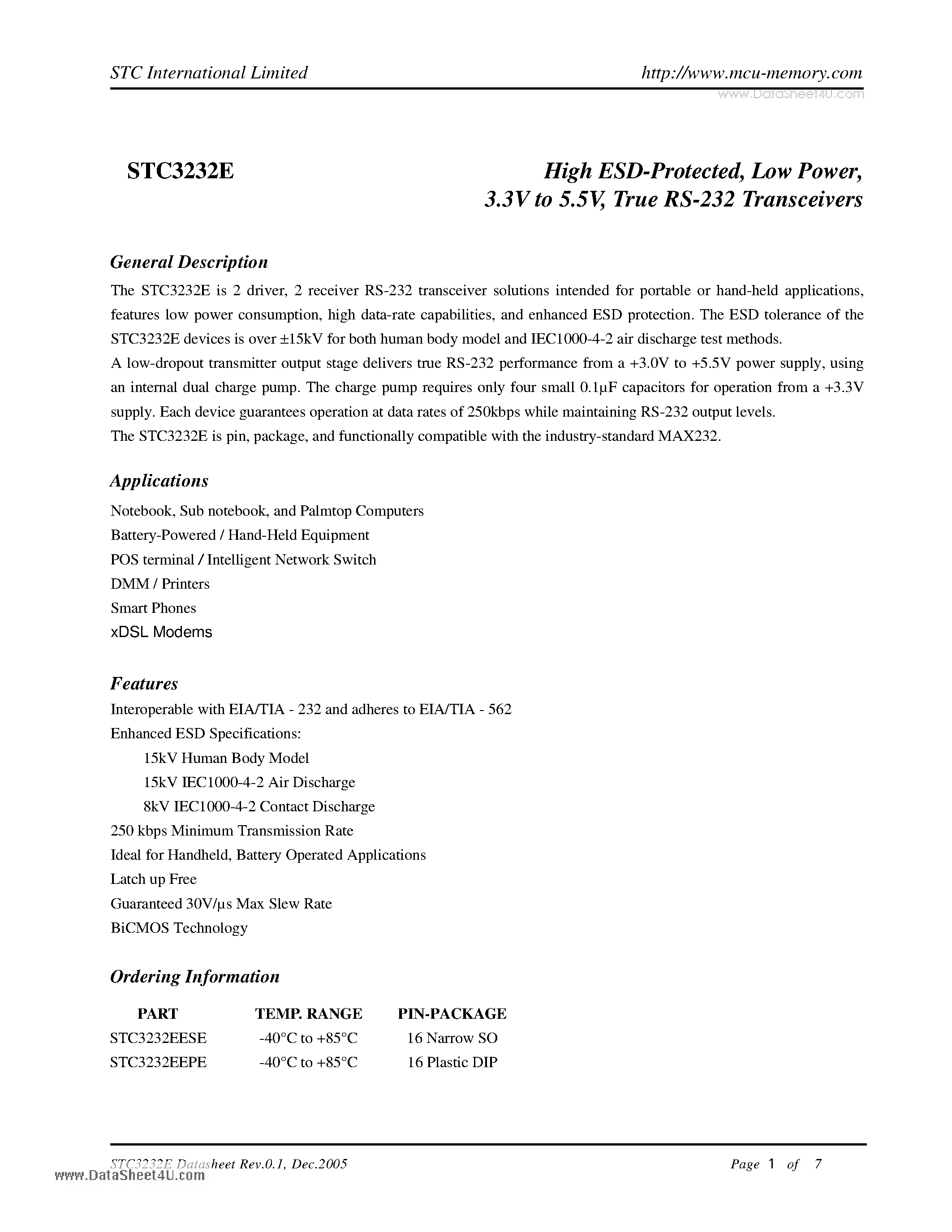 Datasheet STC3232E - High ESD-Protected Low Power 3.3V to 5.5V True RS-232 Transceivers page 1