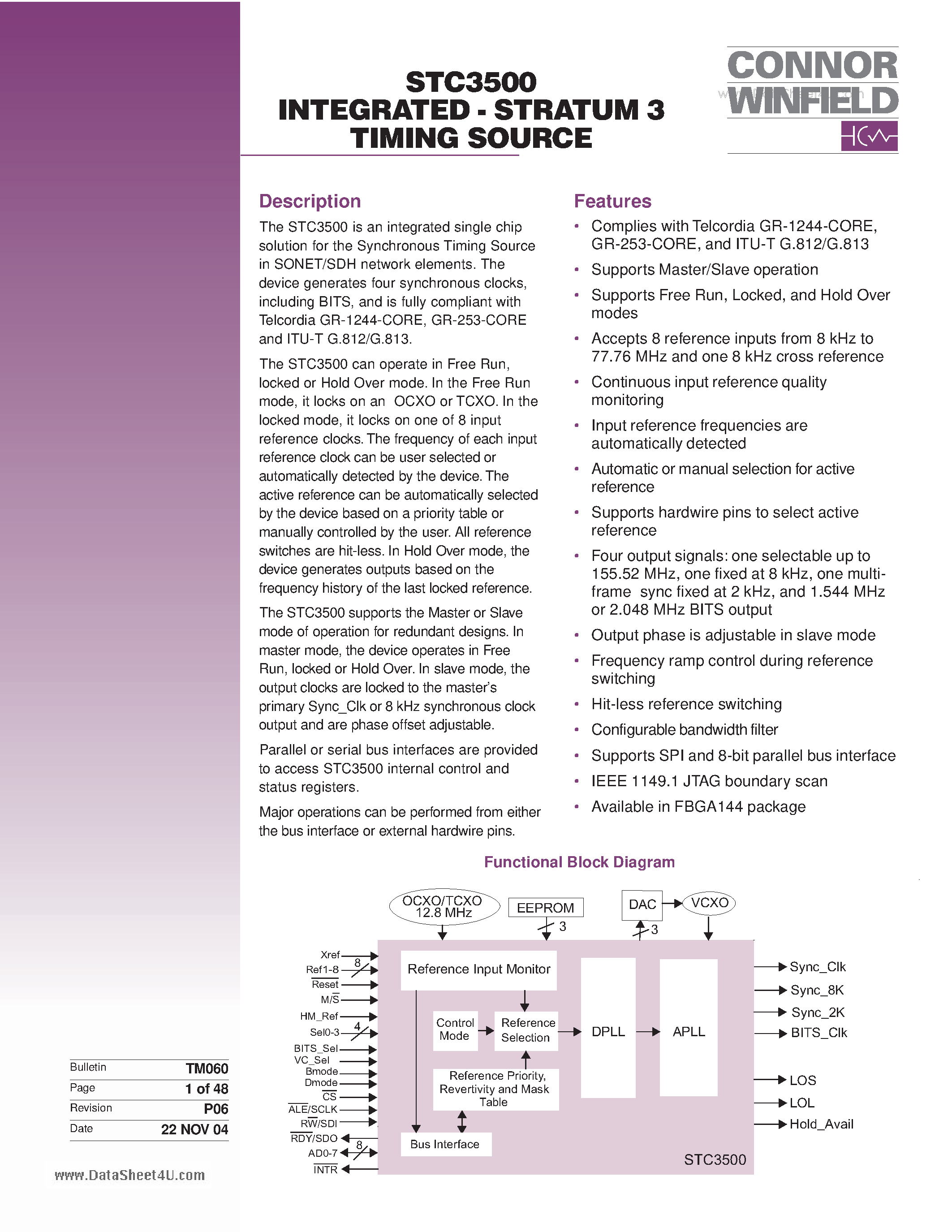 Datasheet STC3500 - INTEGRATED - STRATUM 3 TIMING SOURCE page 1