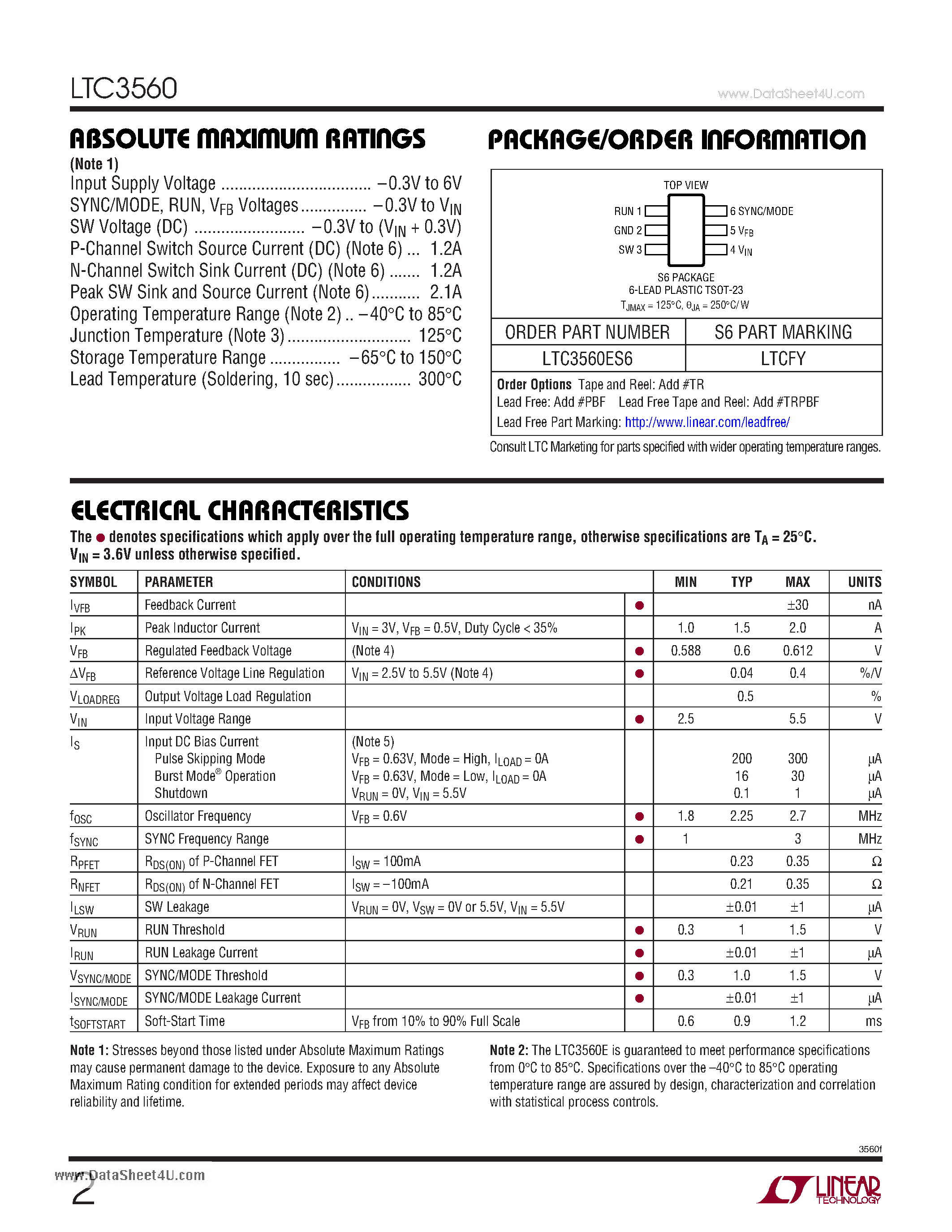 Datasheet LTC3560 - 800mA Synchronous Step-Down Regulator page 2