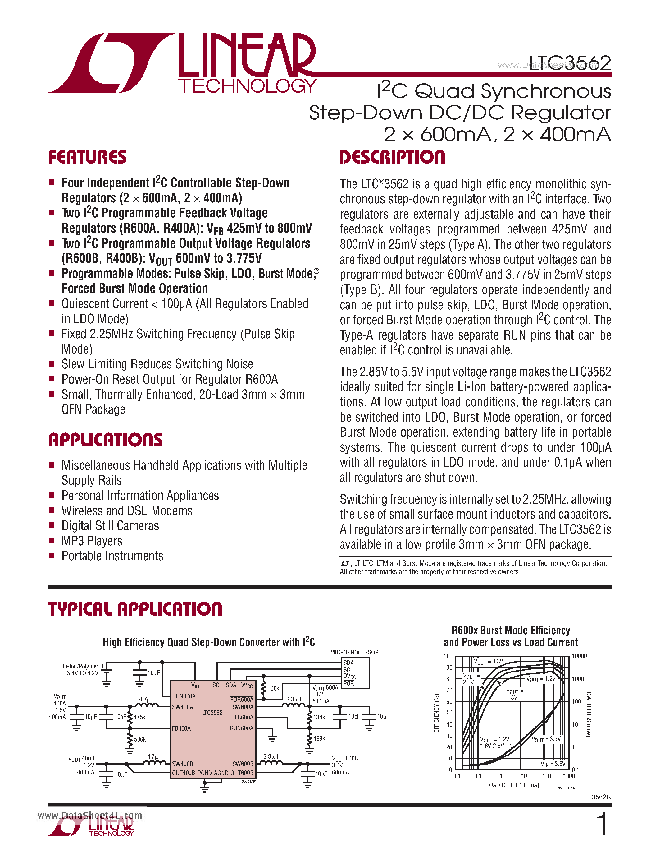 Datasheet LTC3562 - I2C Quad Synchronous Step-Down DC/DC Regulator page 1
