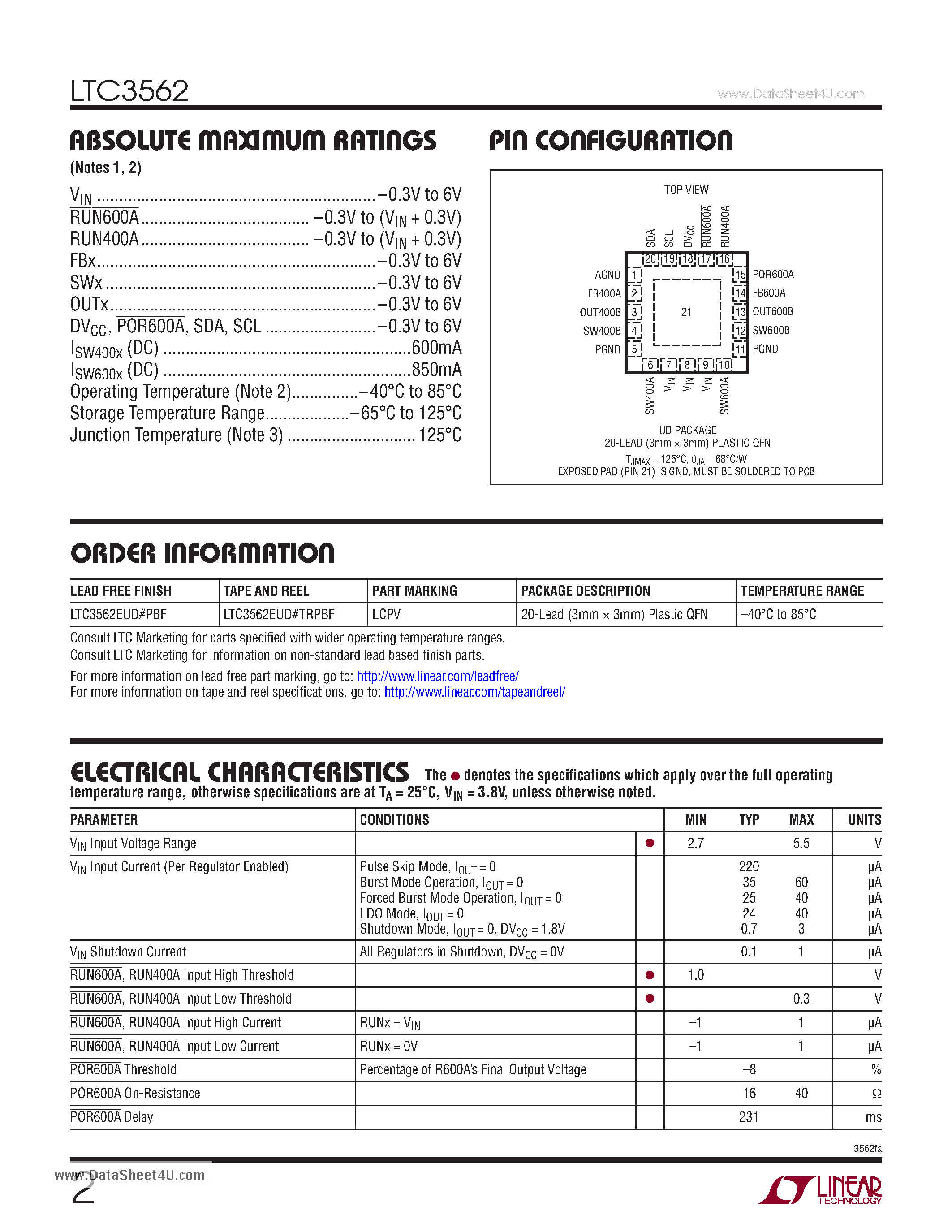 Datasheet LTC3562 - I2C Quad Synchronous Step-Down DC/DC Regulator page 2