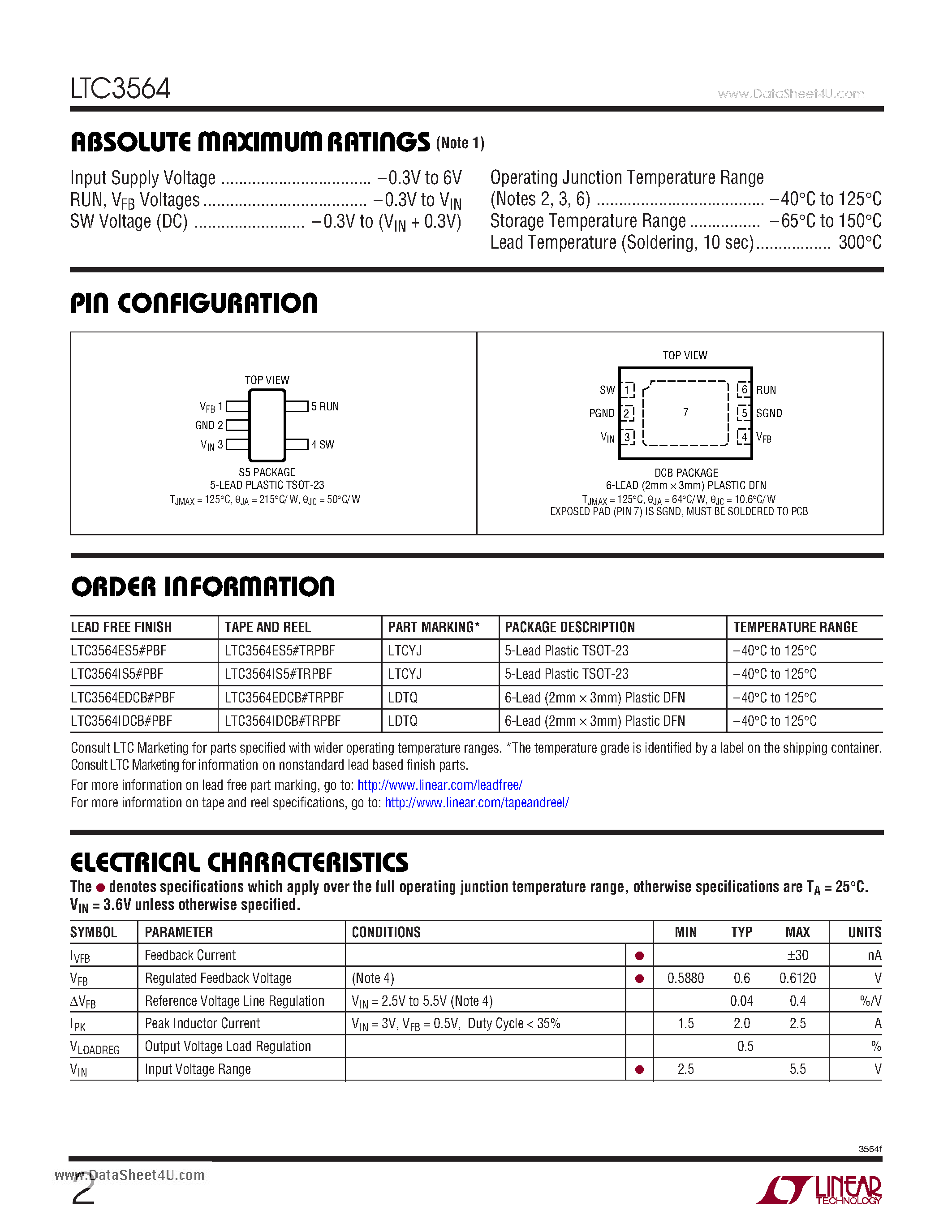 Datasheet LTC3564 - Synchronous Step-Down Regulator page 2