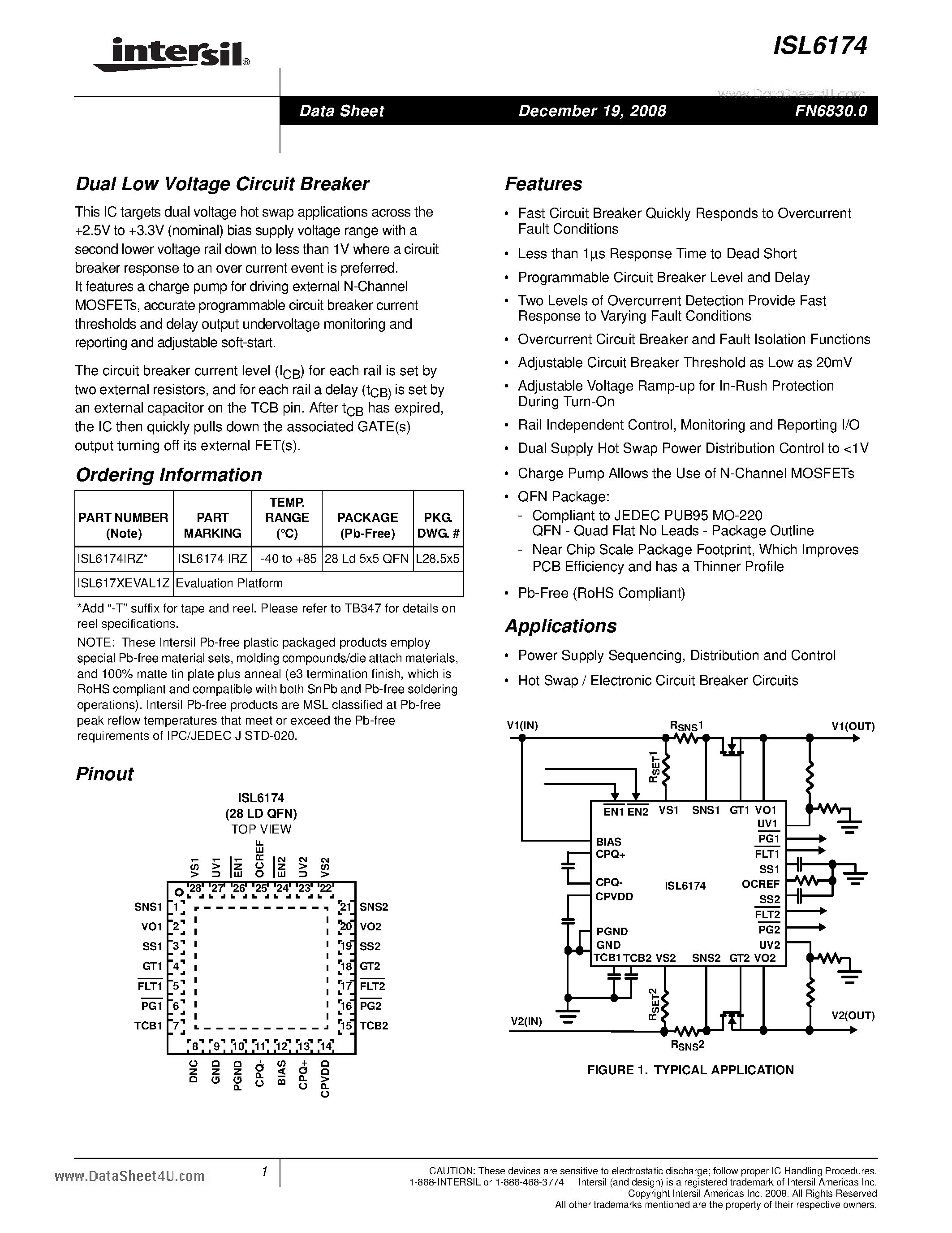 Datasheet ISL6174 page 1 Datasheet ISL6174 - Dual Low Voltage Circuit Breaker page 1