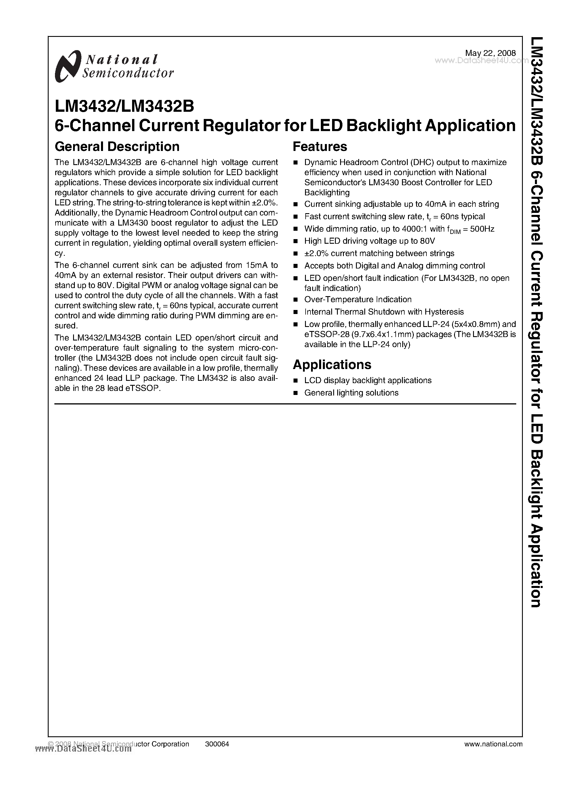 Datasheet LM3432 - 6-Channel Current Regulator page 1