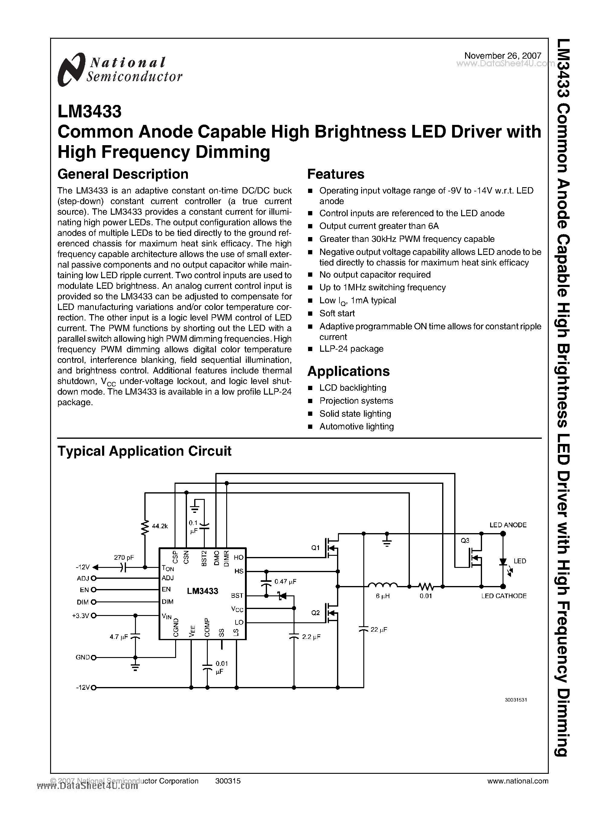 Datasheet LM3433 - Common Anode Capable High Brightness LED Driver page 1