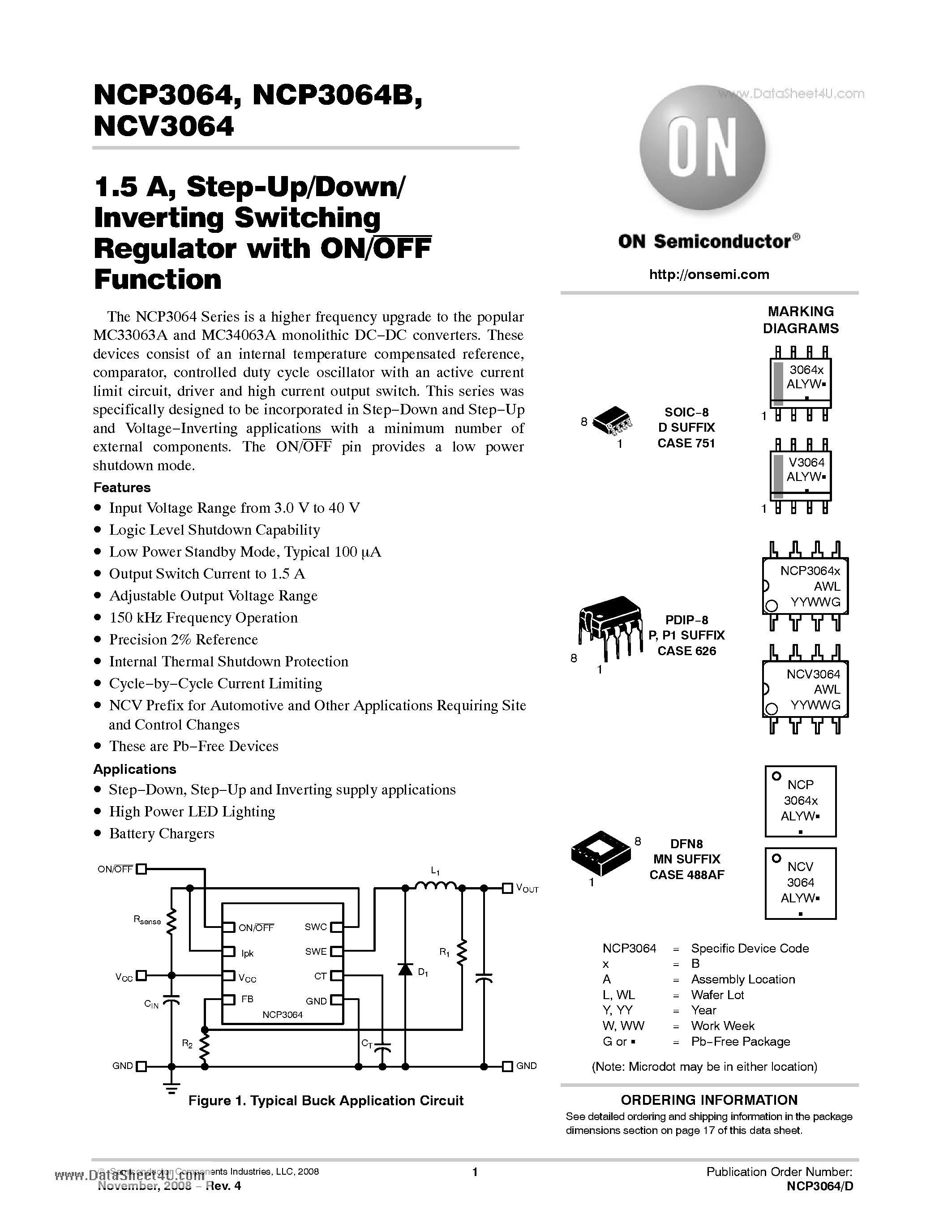 Даташит на микросхему NCV3064 страница 1 Даташит NCV3064 - Step-Up/Down/ Inverting Switching Regulator страница 1
