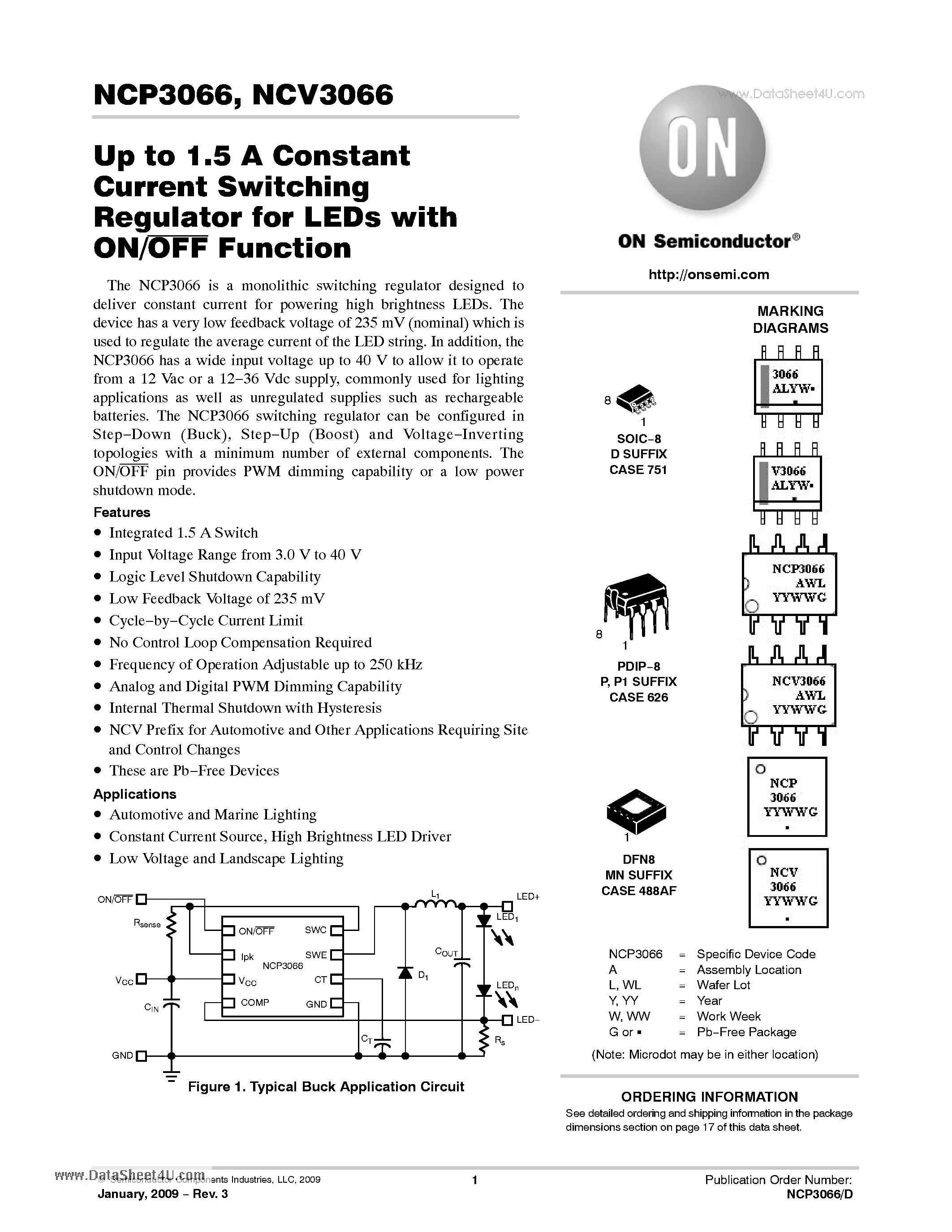 Datasheet NCV3066 - Up to 1.5A Constant Current Switching Regulator page 1