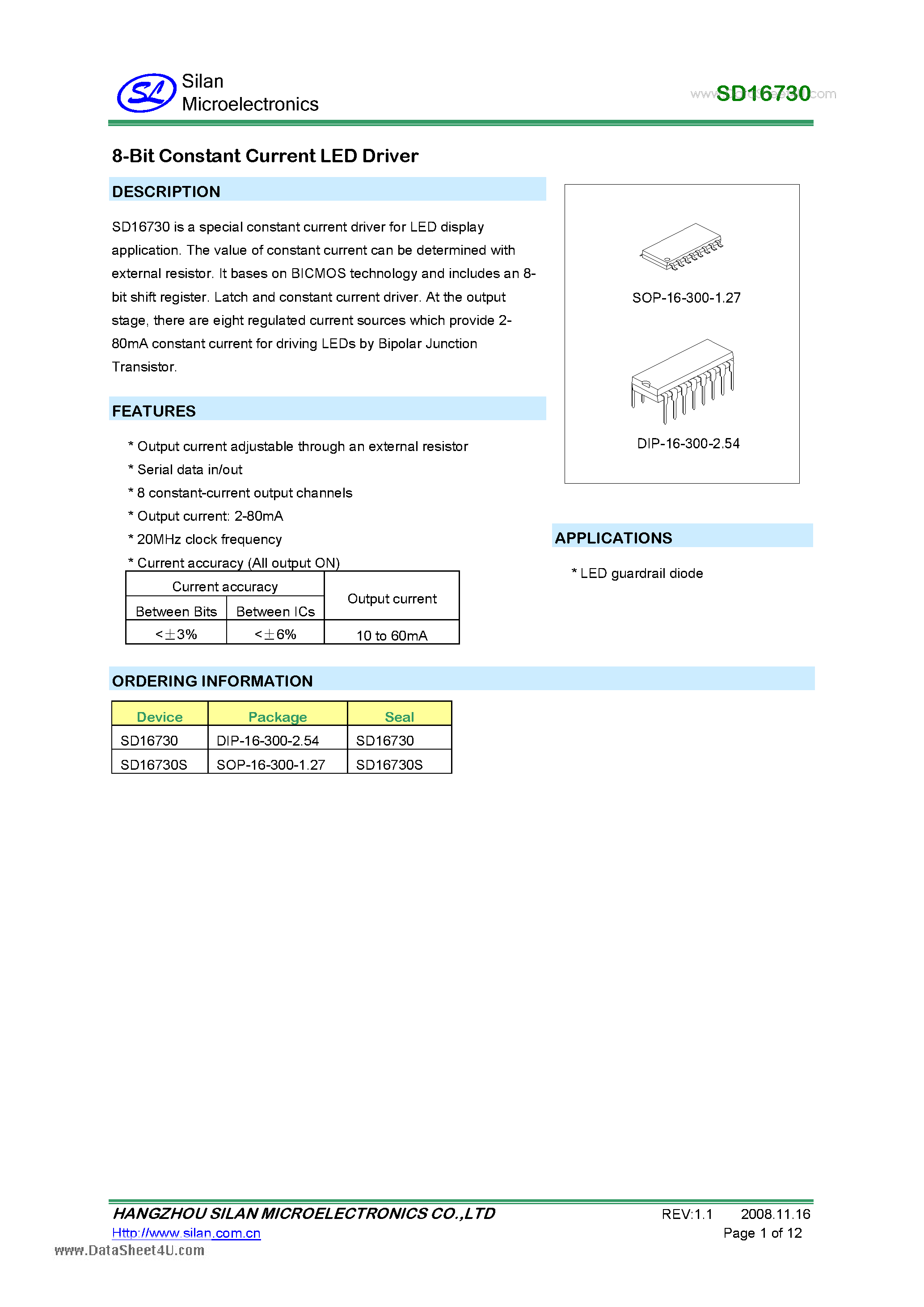 Datasheet SD16730 - 8-Bit Constant Current LED Driver page 1