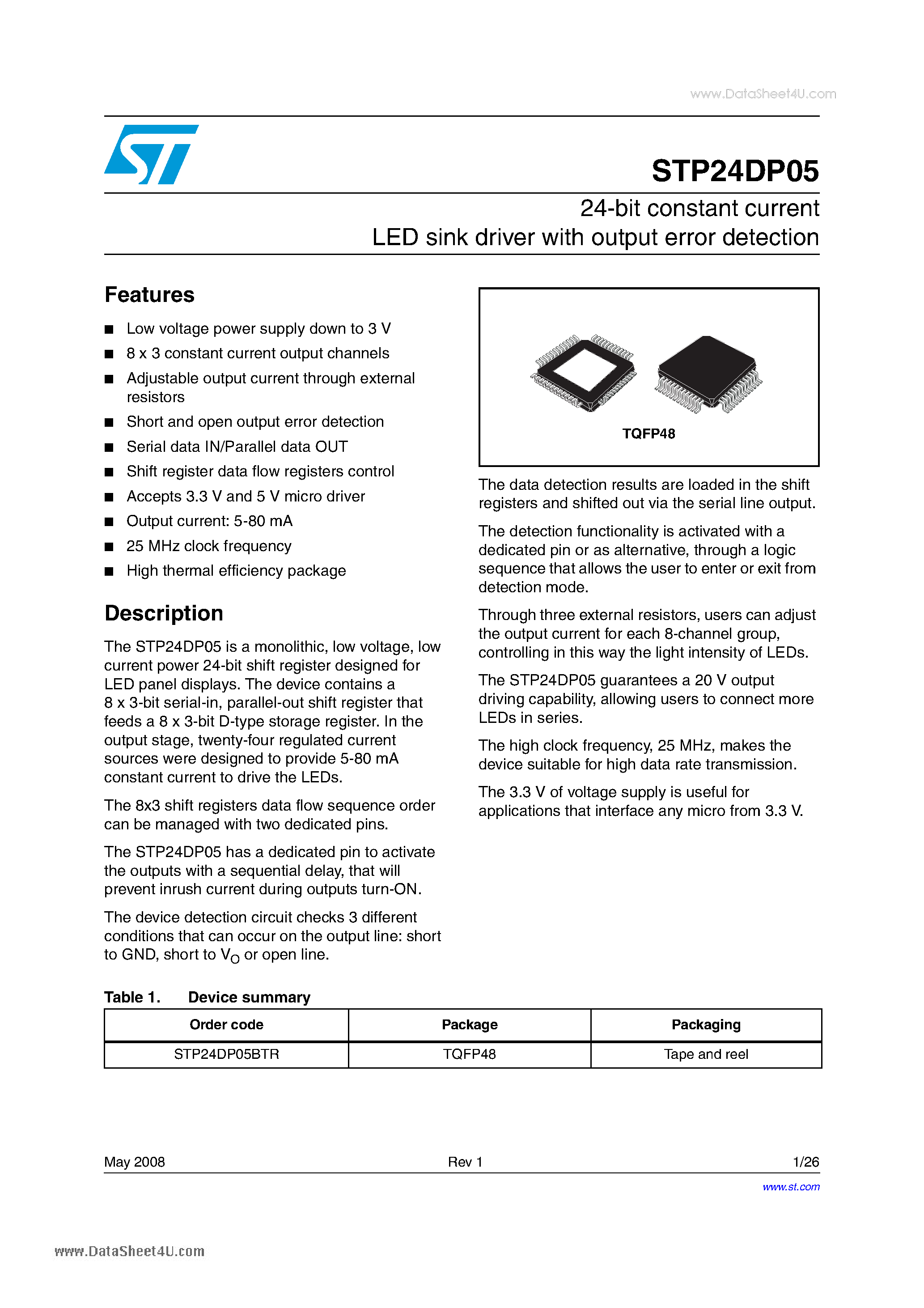 Datasheet STP24DP05 - 24-bit constant current LED sink driver page 1
