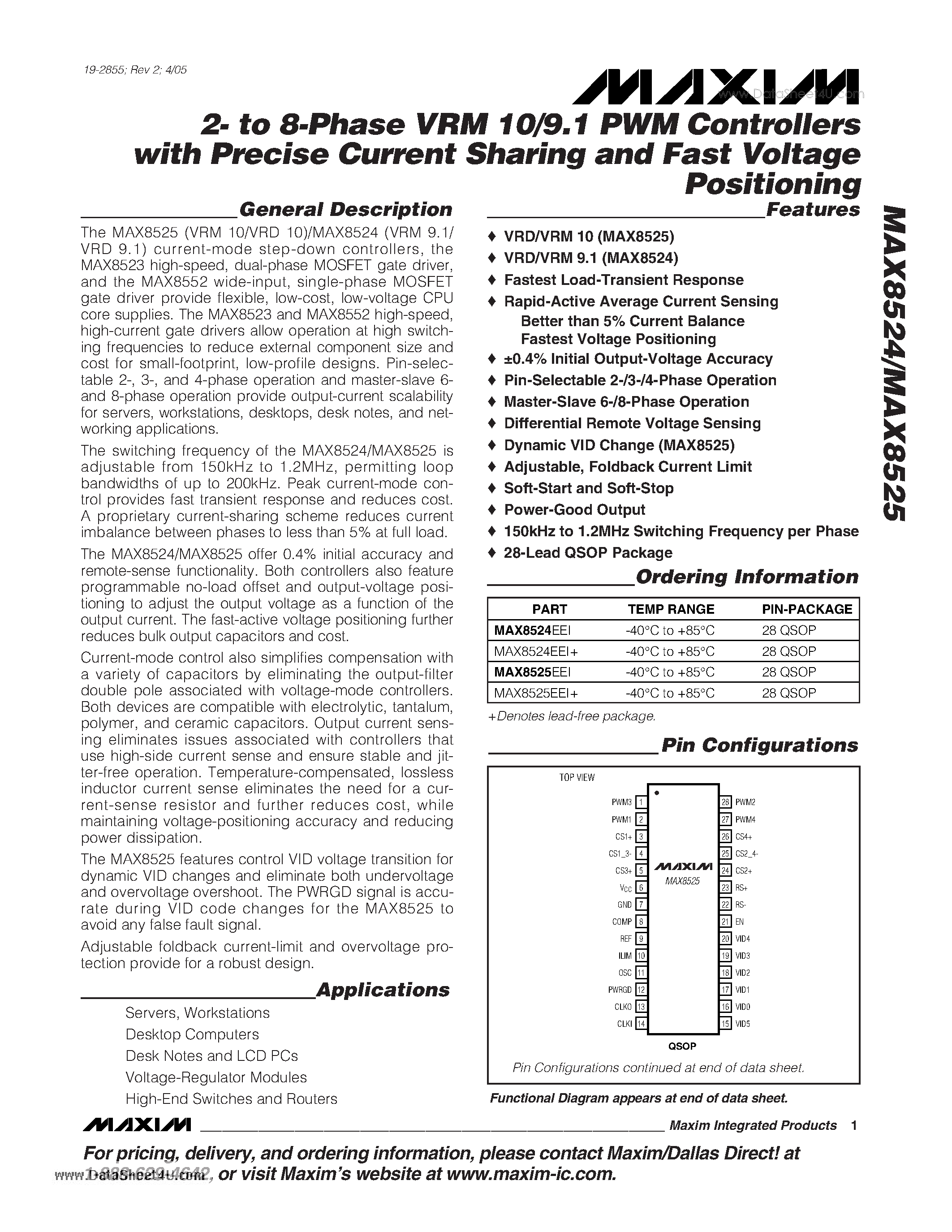 Datasheet MAX8524 - 2- to 8-Phase VRM 10/9.1 PWM Controllers page 1