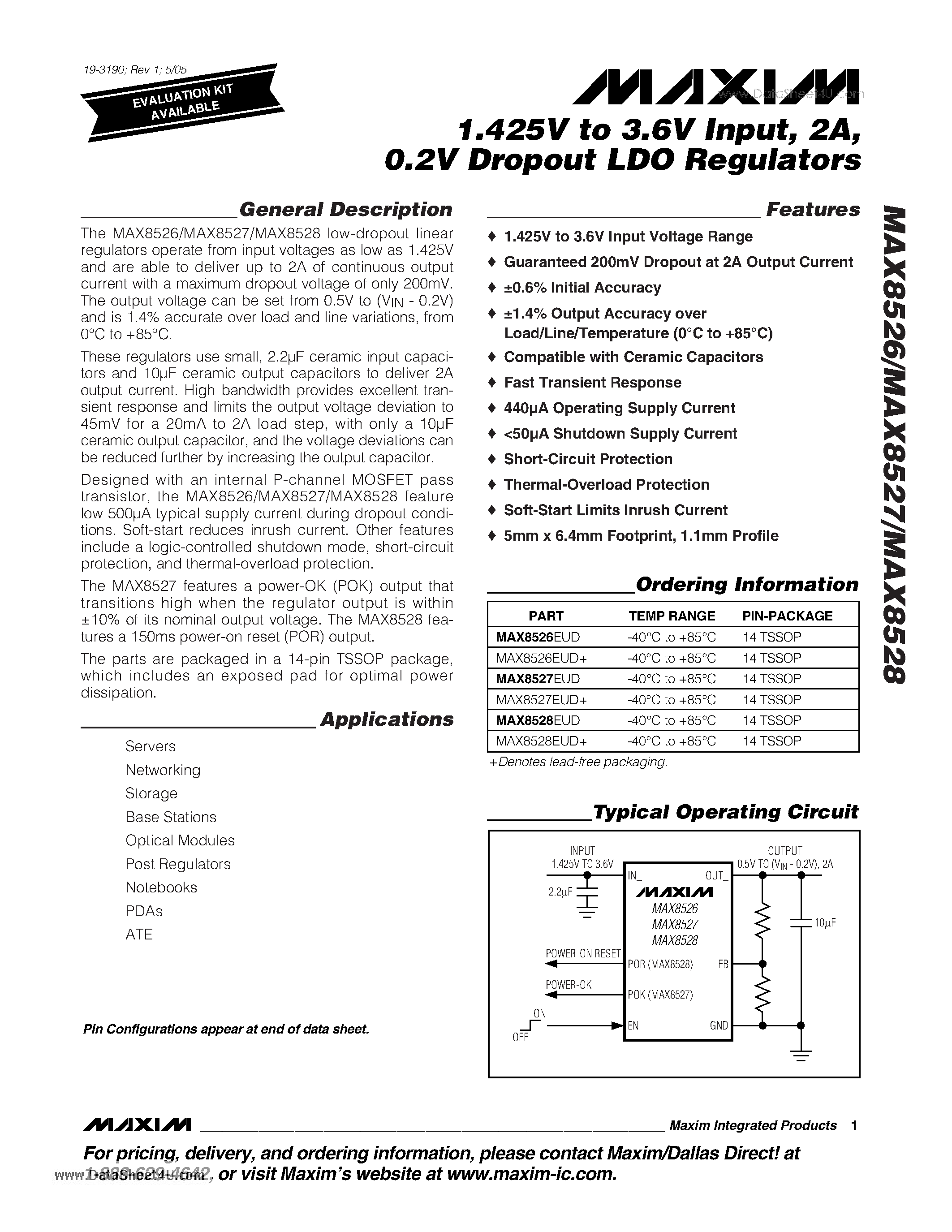 Datasheet MAX8526 - 1.425V to 3.6V Input 2A 0.2V Dropout LDO Regulators page 1