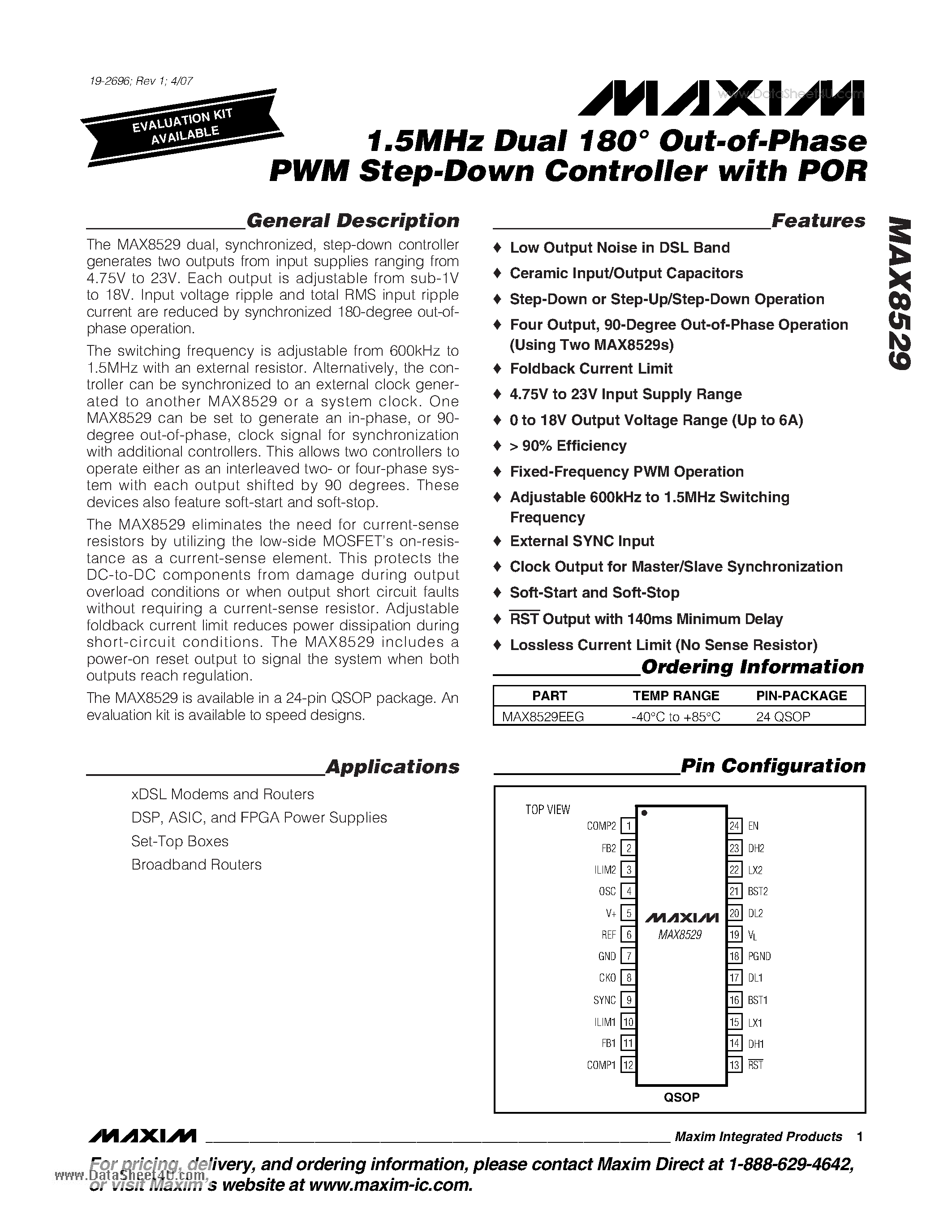Datasheet MAX8529 - 1.5MHz Dual 180 Out-of-Phase PWM Step-Down Controller page 1