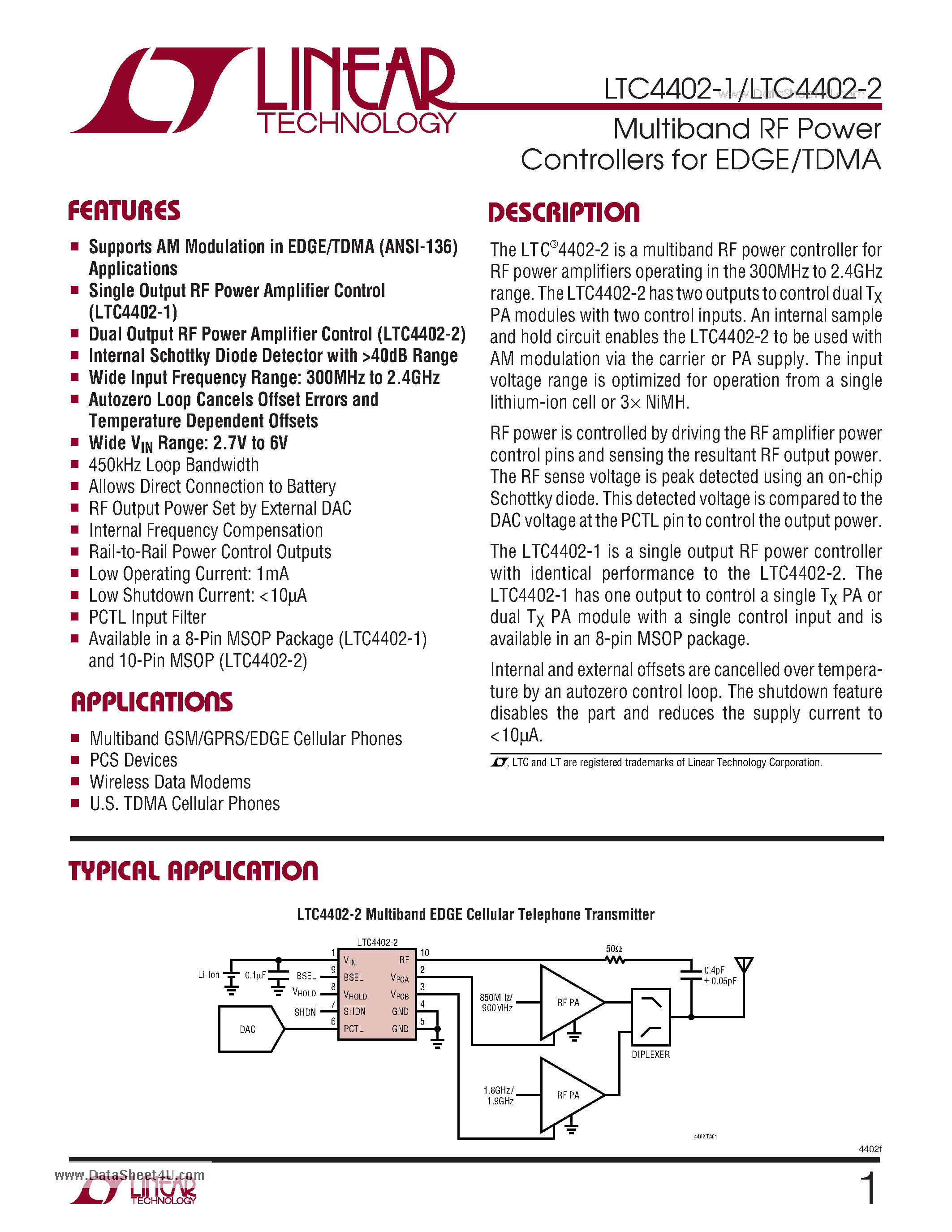 Datasheet LTC4402-1 - Multiband RF Power Controllers page 1