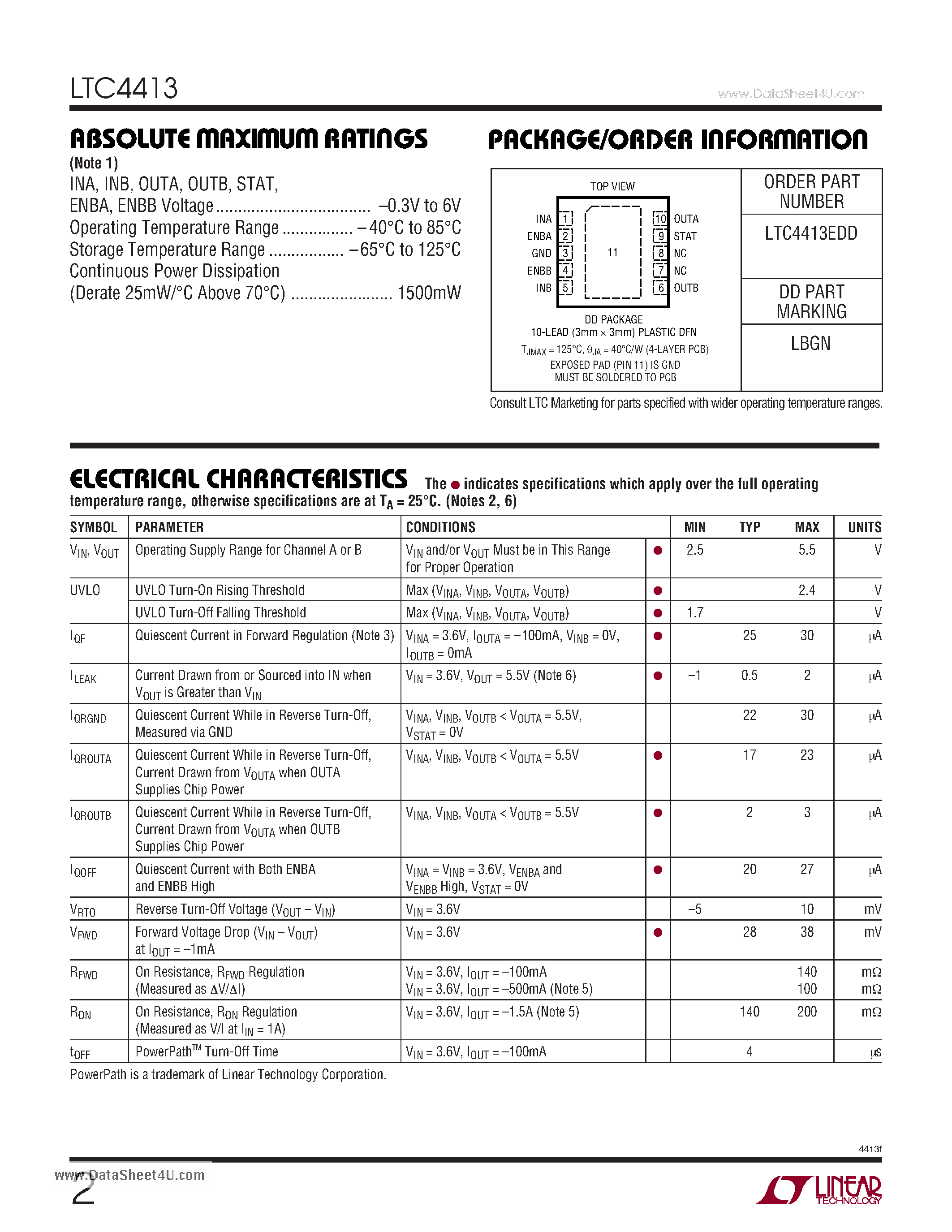 Даташит LTC4413 - Ideal Diodes страница 2