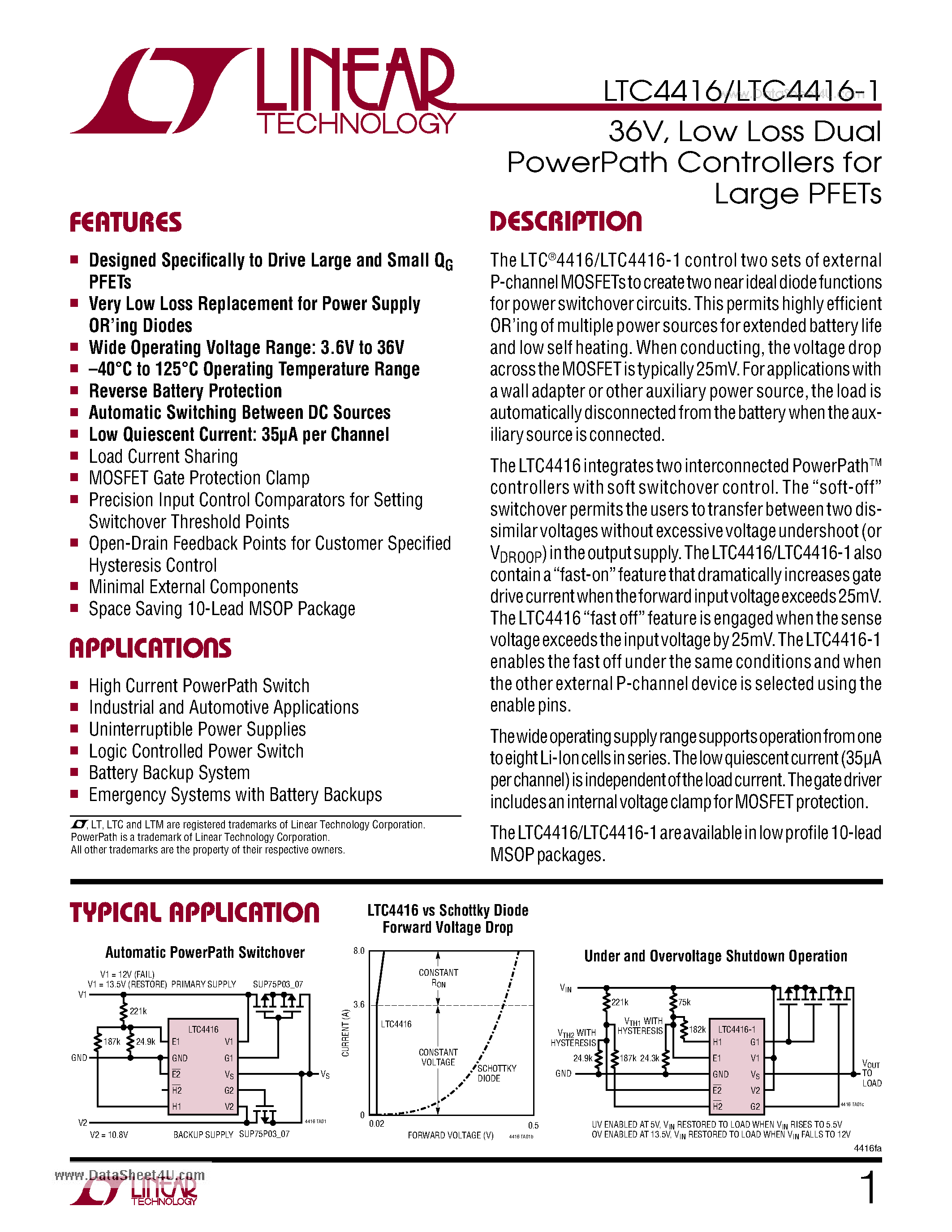 Datasheet LTC4416 page 1 Datasheet LTC4416 - Low Loss Dual PowerPath Controllers page 1