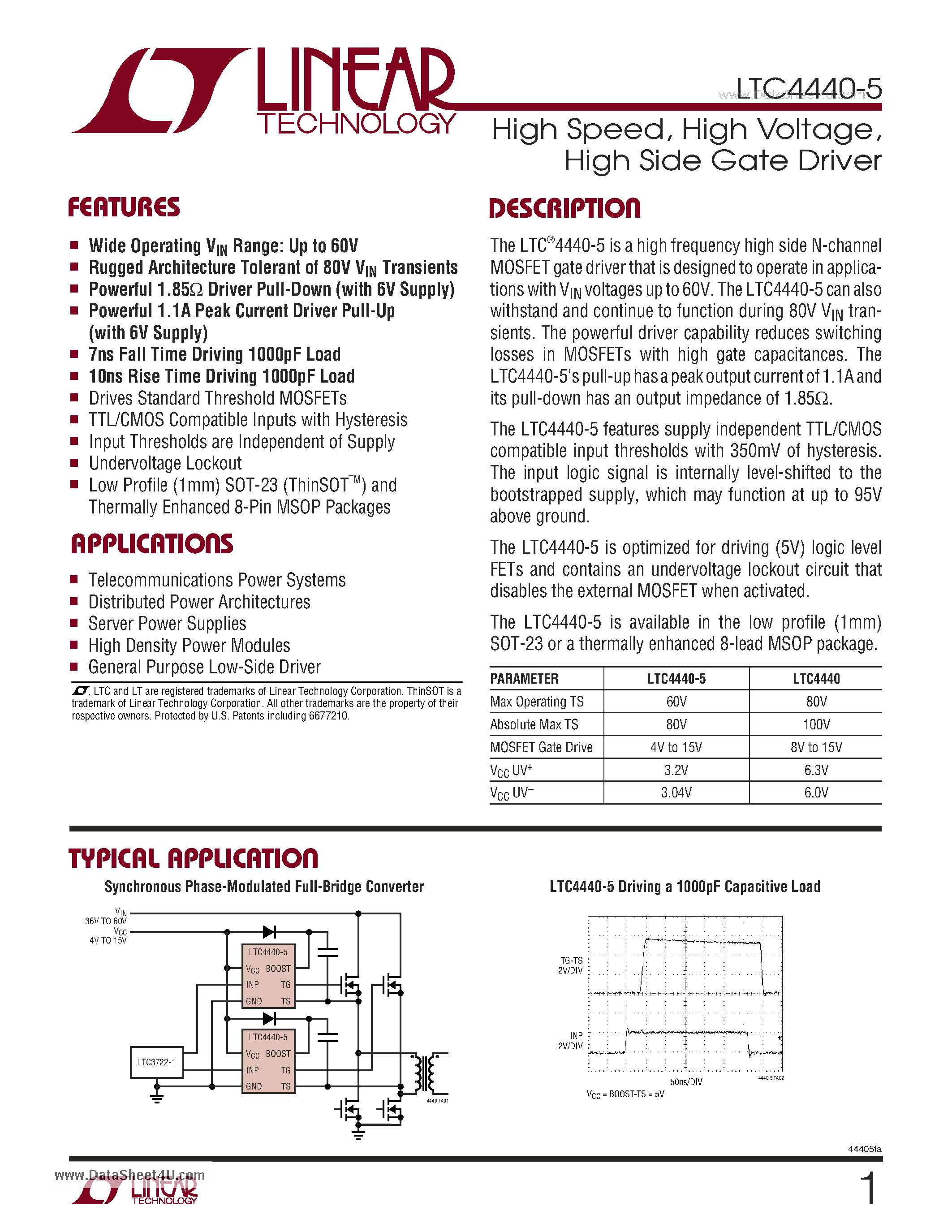 Datasheet LTC4440-5 - High Speed High Voltage High Side Gate Driver page 1