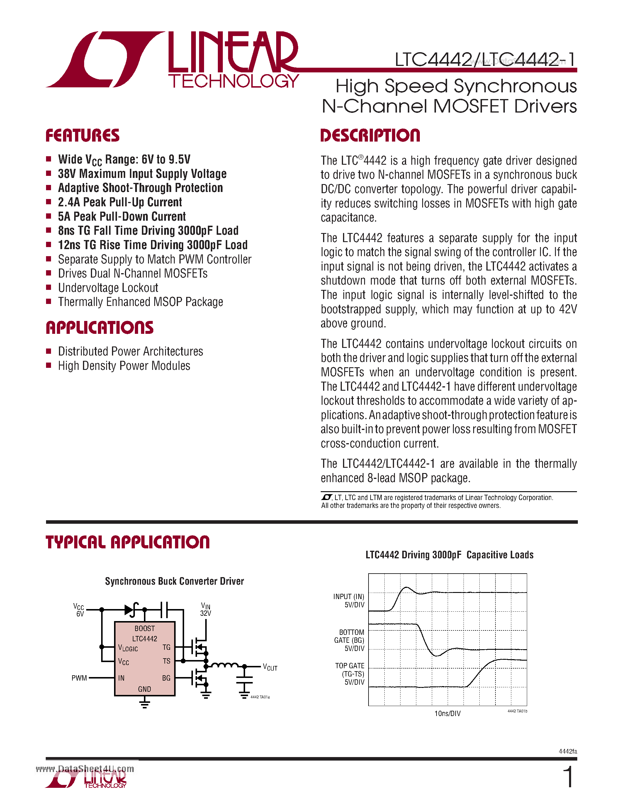 Datasheet LTC4442 - High Speed Synchronous N-Channel MOSFET Drivers page 1