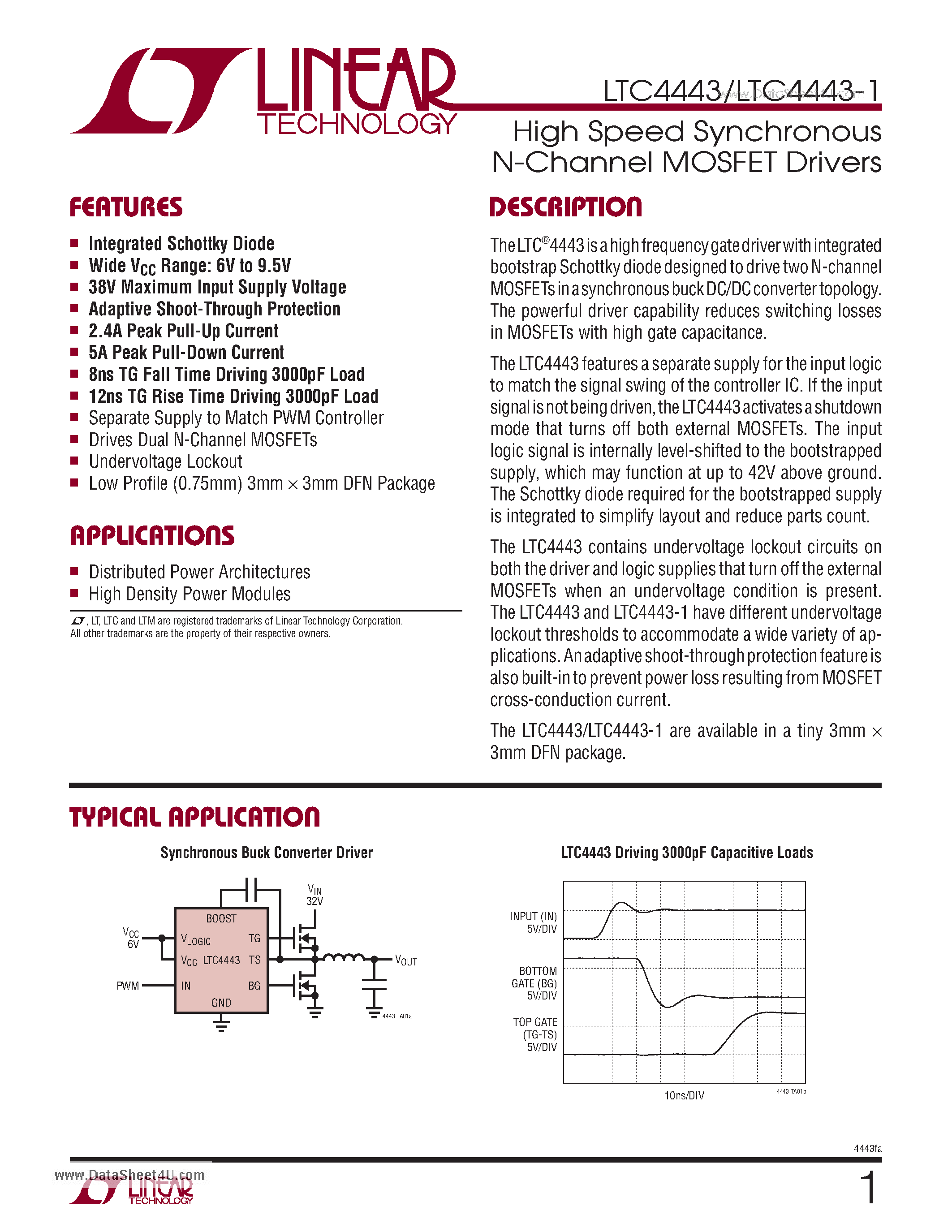 Datasheet LTC4443 - High Speed Synchronous N-Channel MOSFET Drivers page 1