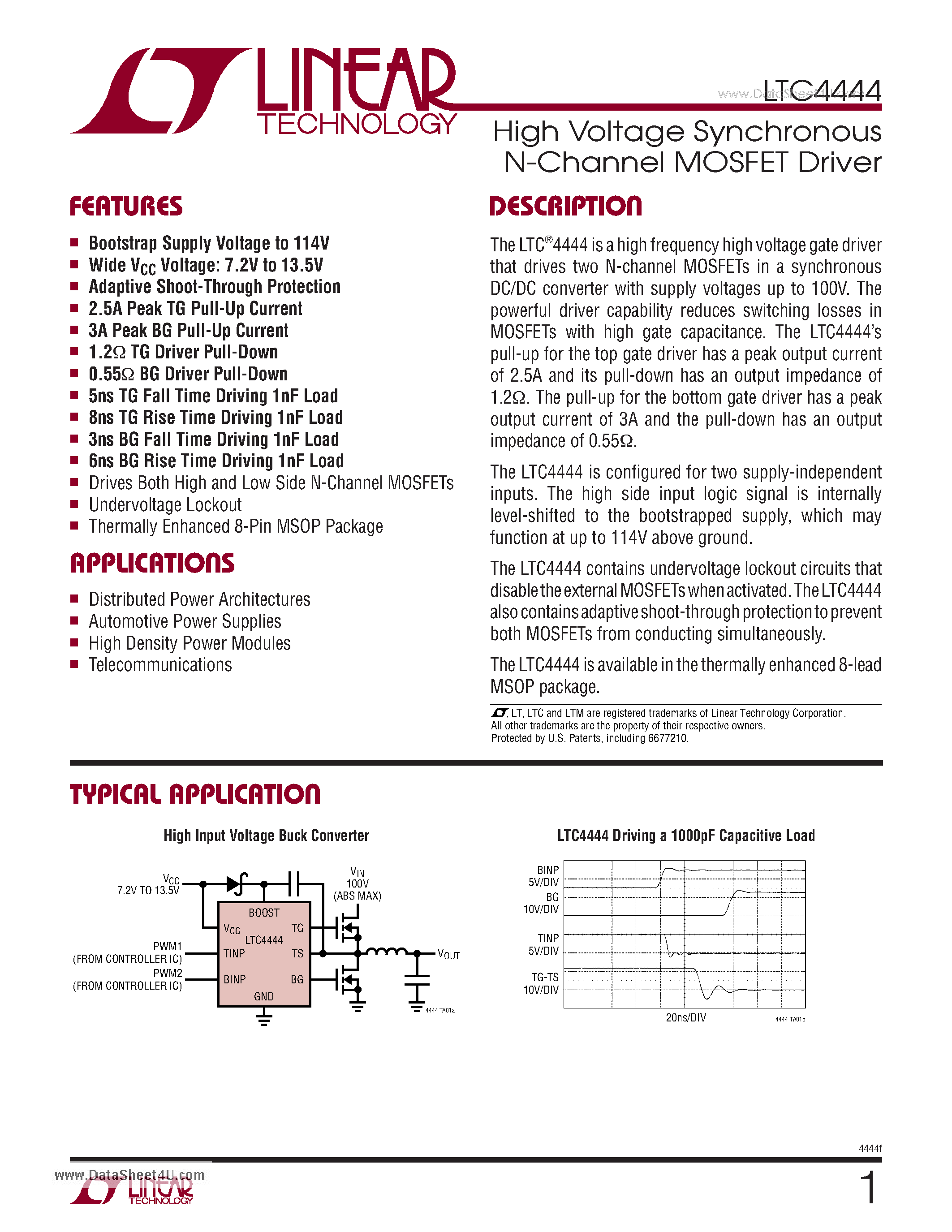 Datasheet LTC4444 - High Voltage Synchronous N-Channel MOSFET Driver page 1