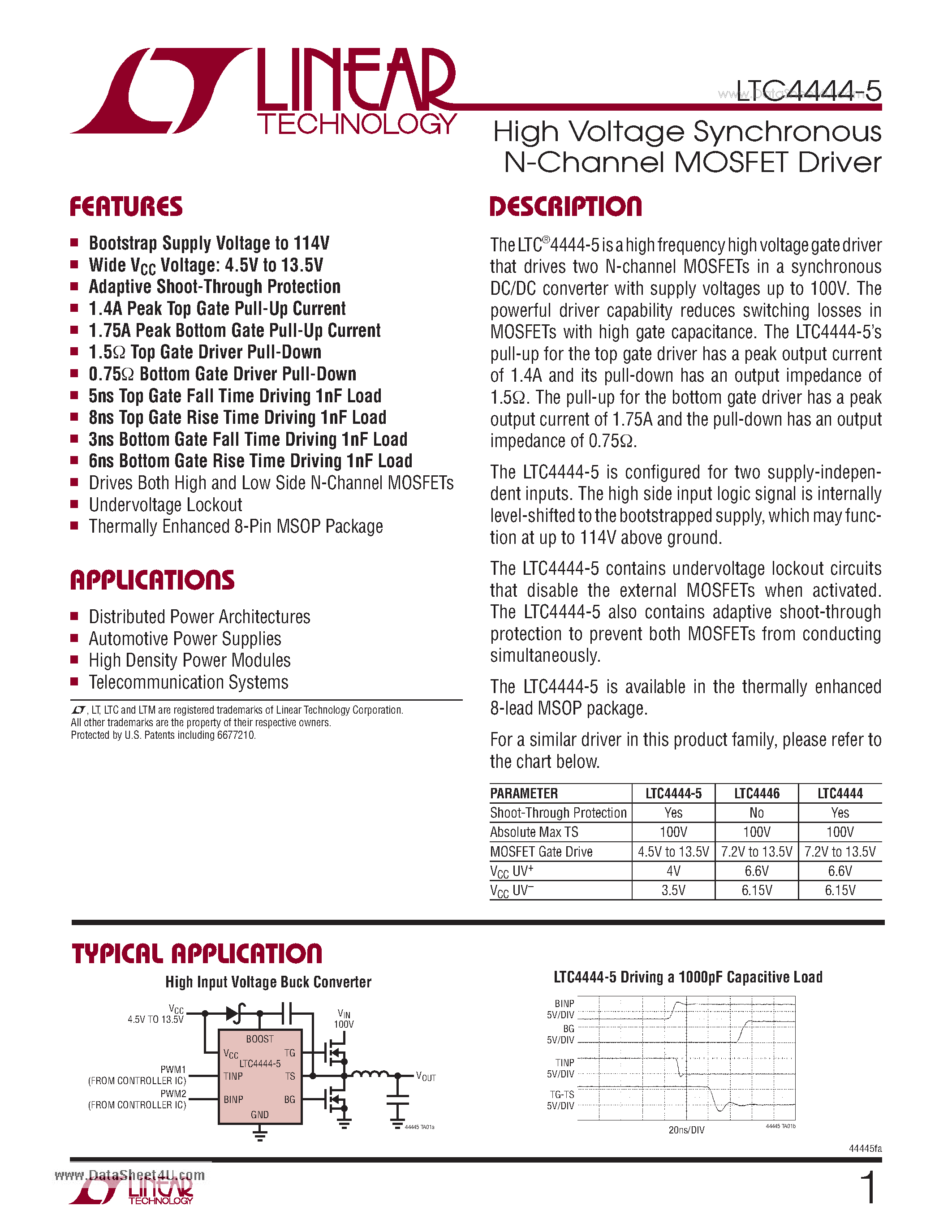 Datasheet LTC4444-5 - High Voltage Synchronous N-Channel MOSFET Driver page 1