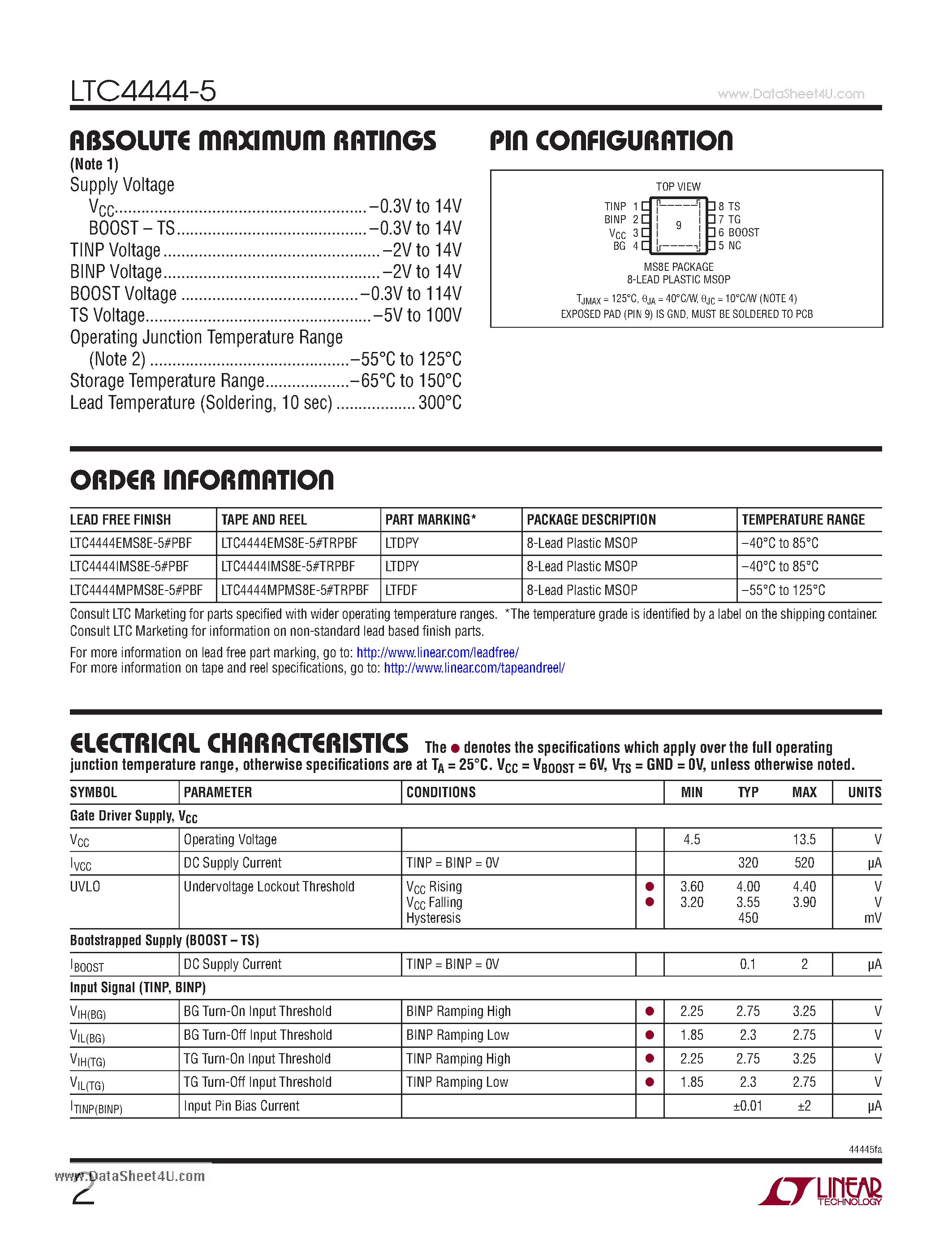 Datasheet LTC4444-5 - High Voltage Synchronous N-Channel MOSFET Driver page 2