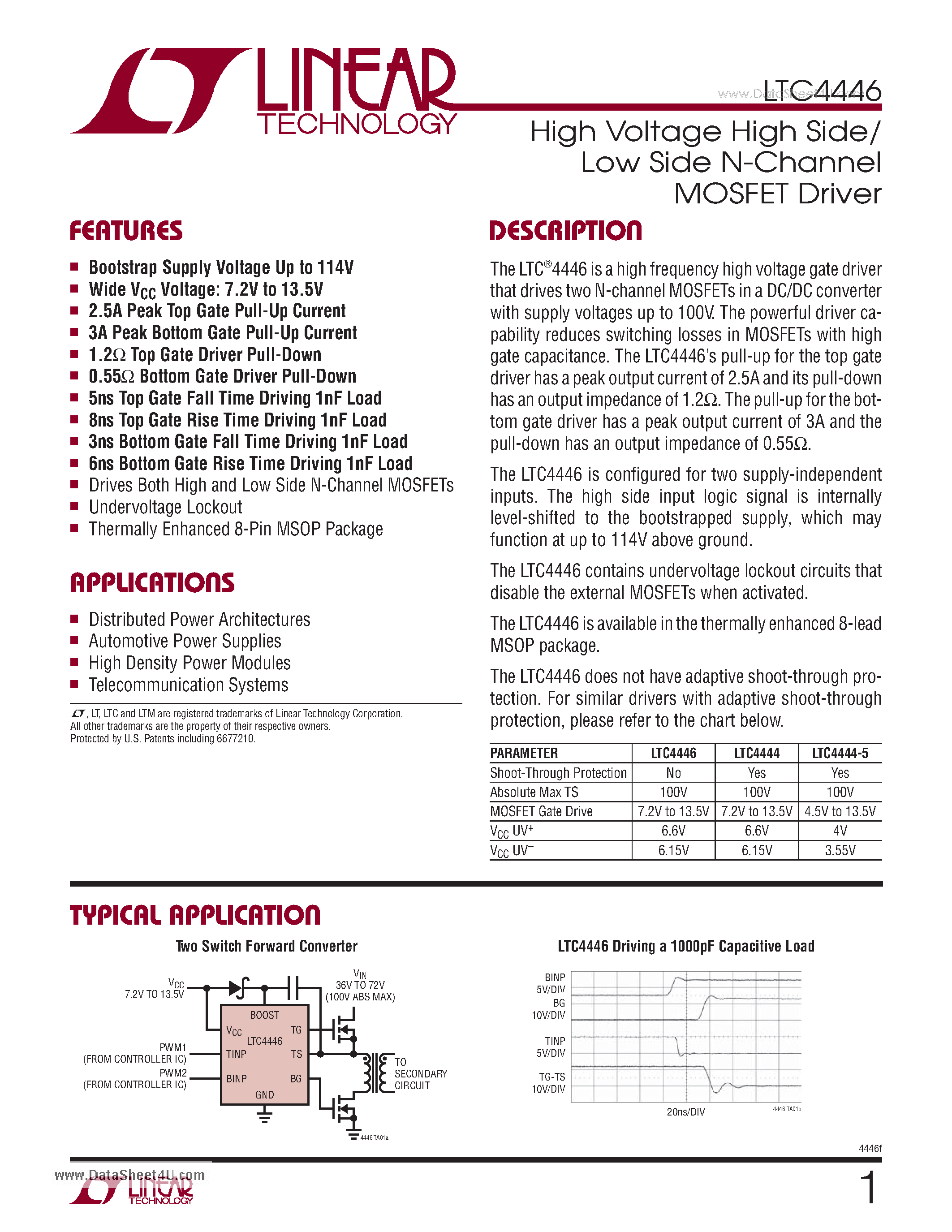 Datasheet LTC4446 - High Voltage High SideLow Side N-Channel MOSFET Driver...
