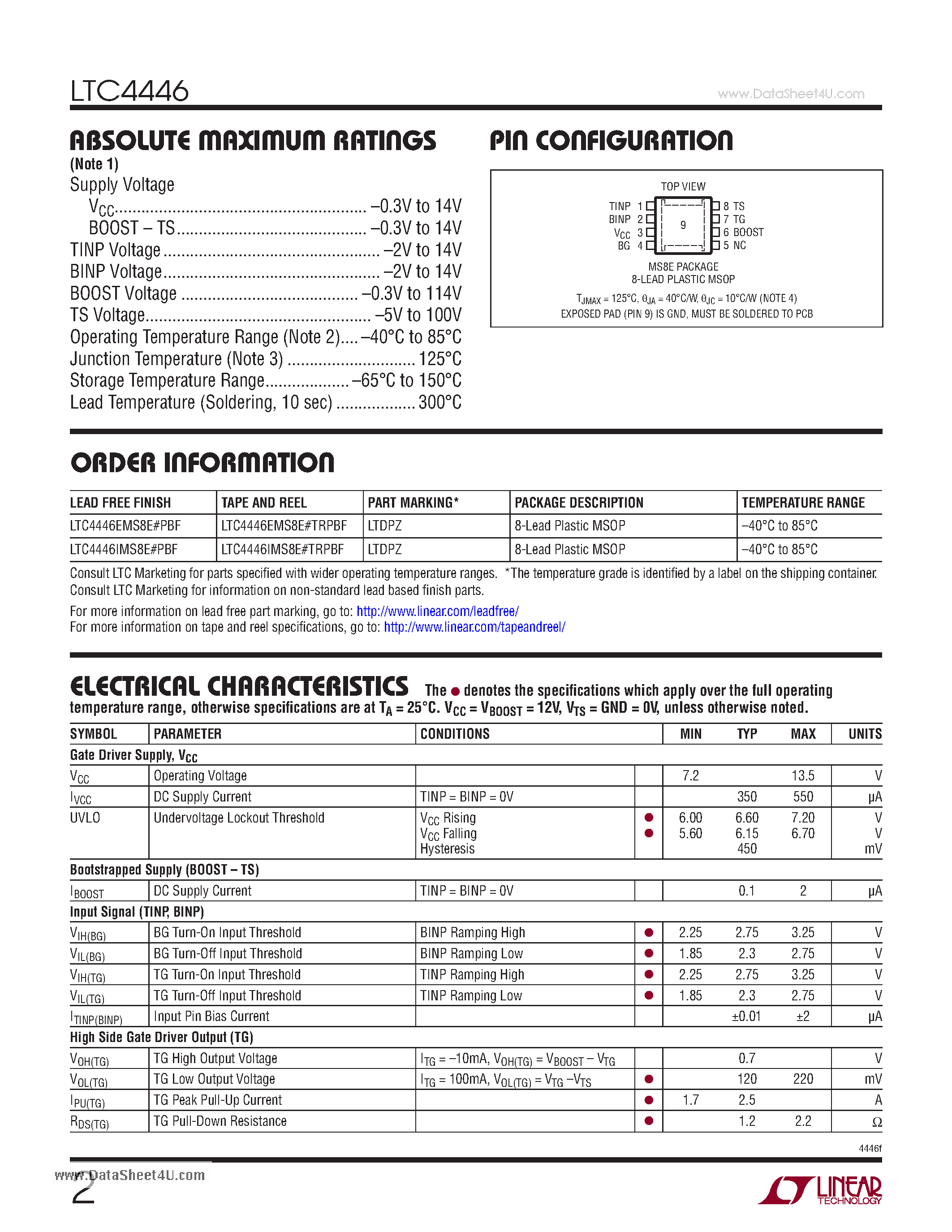 Datasheet LTC4446 - High Voltage High Side/Low Side N-Channel MOSFET Driver page 2