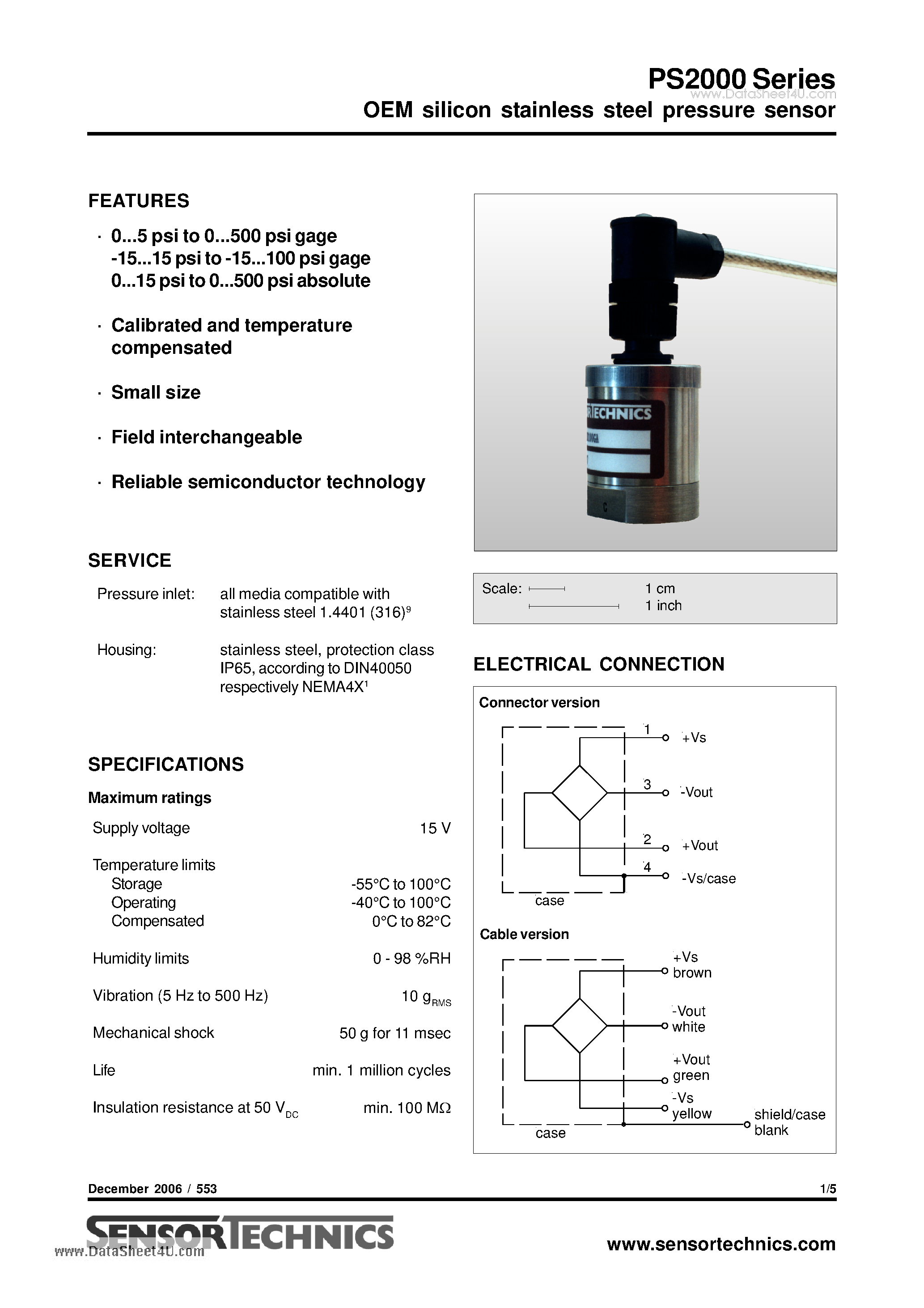 Даташит PS2300 - OEM silicon stainless steel pressure sensor страница 1