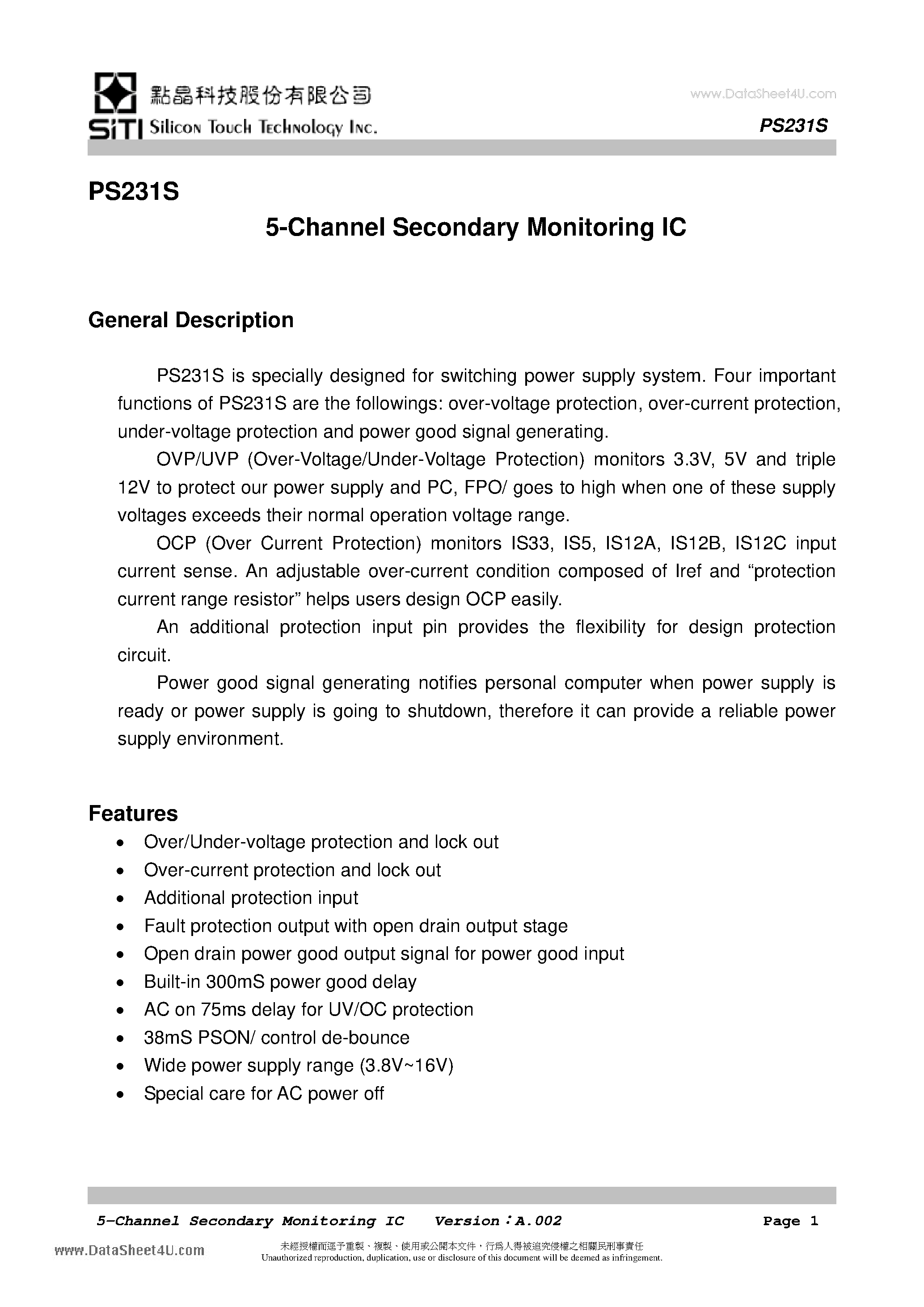 Datasheet PS231S - 5-Channel Secondary Monitoring IC page 2