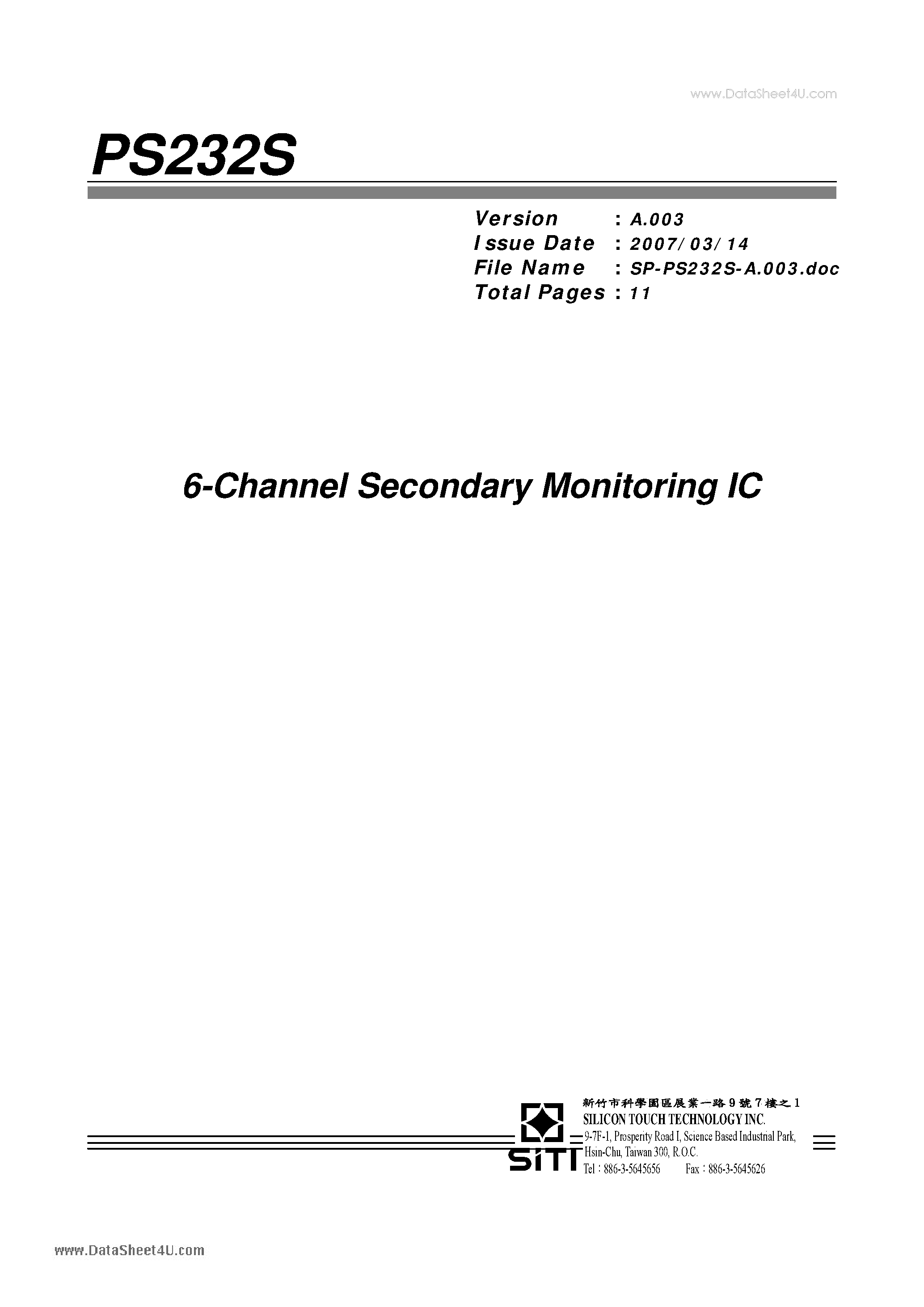 Datasheet PS232S - 6-Channel Secondary Monitoring IC page 1