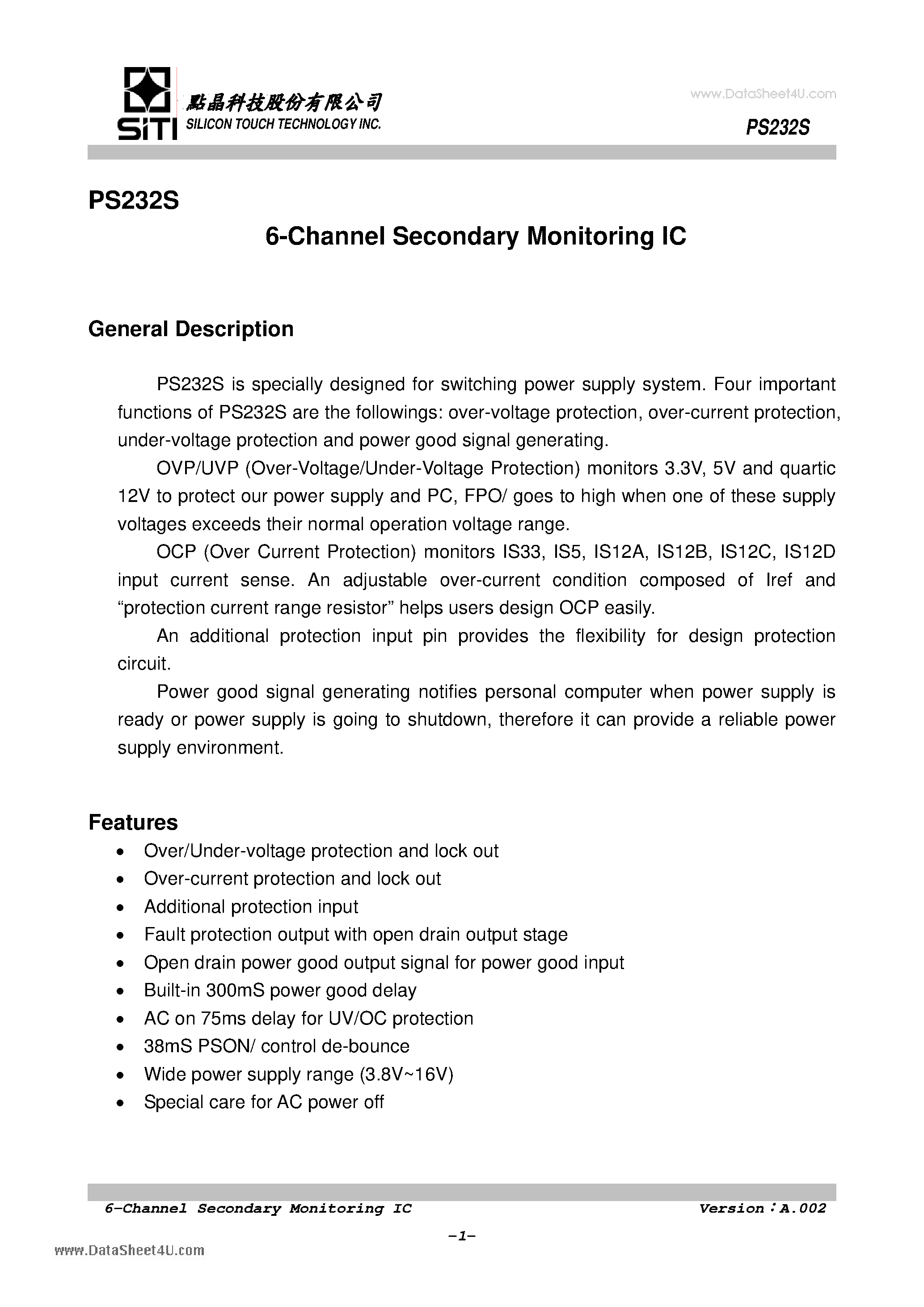 Datasheet PS232S - 6-Channel Secondary Monitoring IC page 2