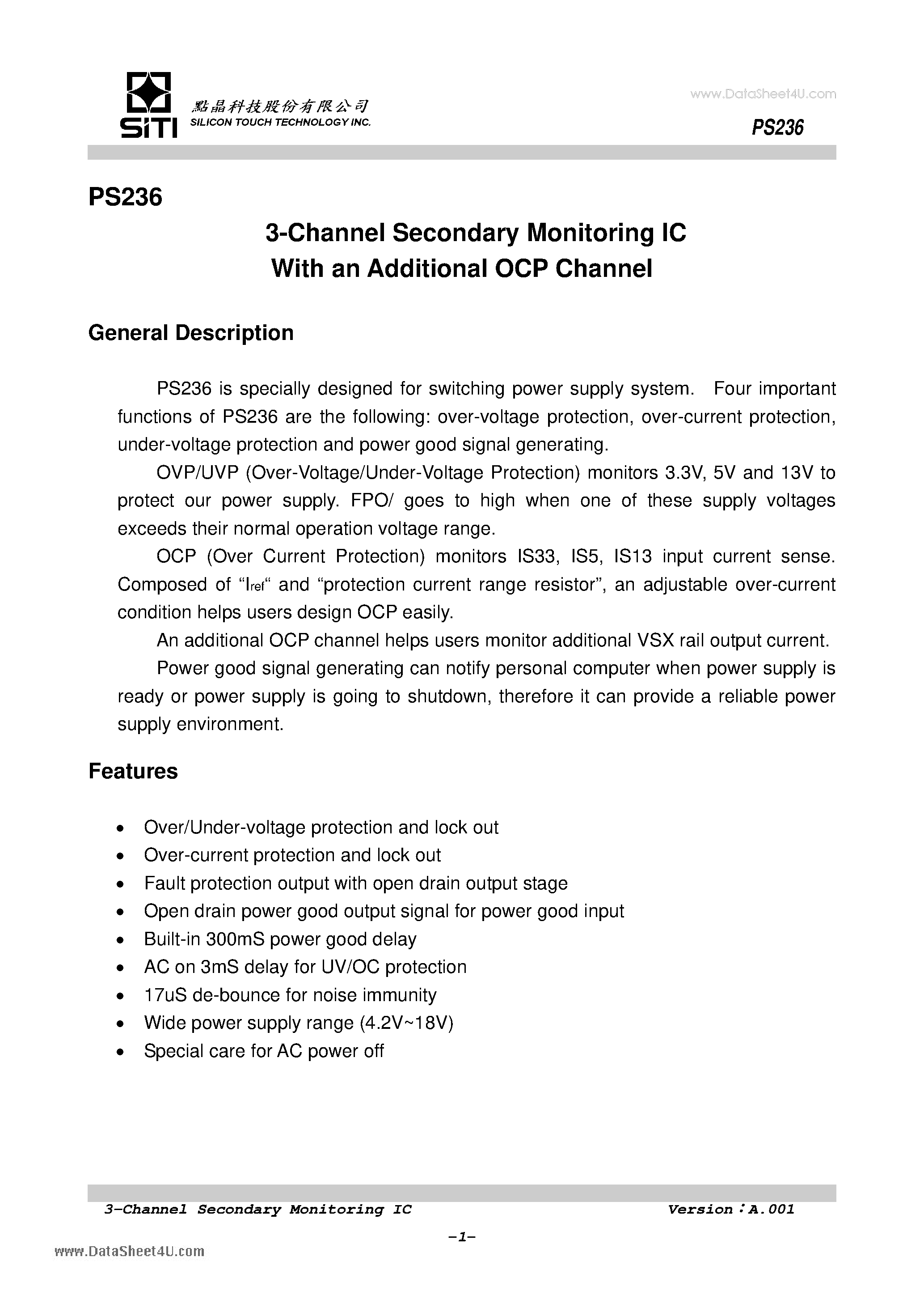 Datasheet PS236 - 3-Channel Secondary Monitoring IC page 2