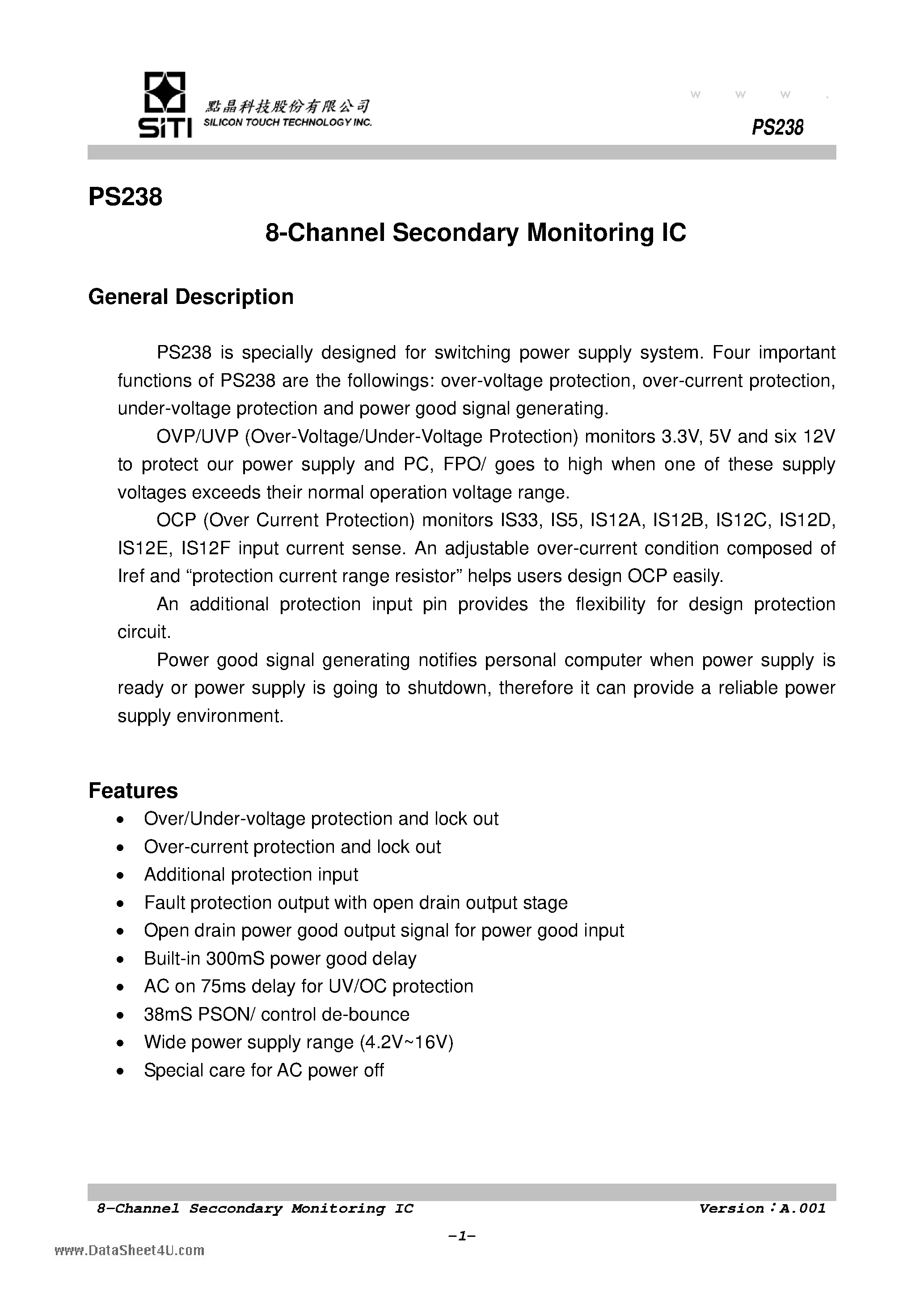 Даташит PS238 - 8-Channel Secondary Monitoring IC страница 2