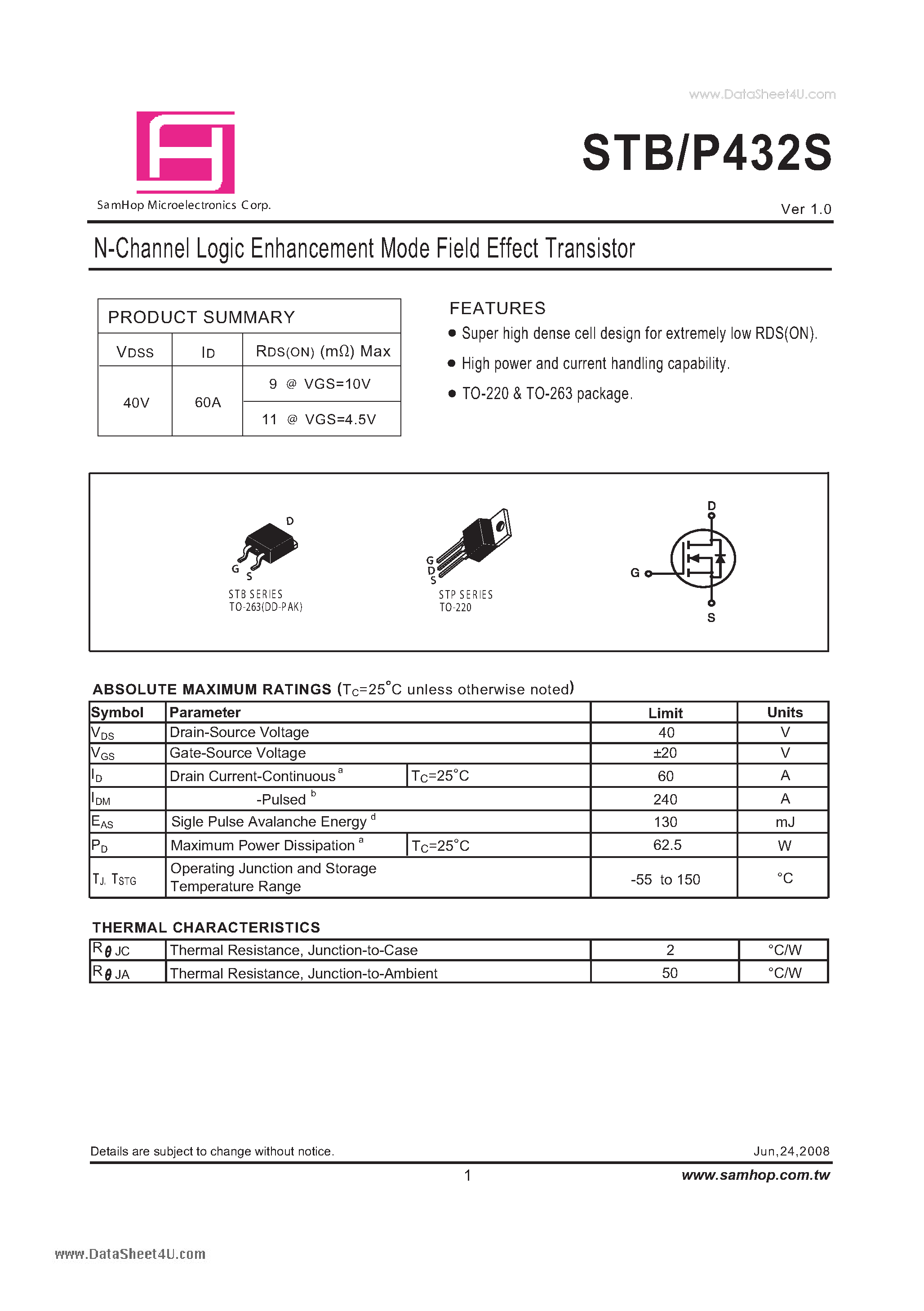Datasheet STB432S - N-Channel Logic Enhancement Mode Field Effect Transistor page 1