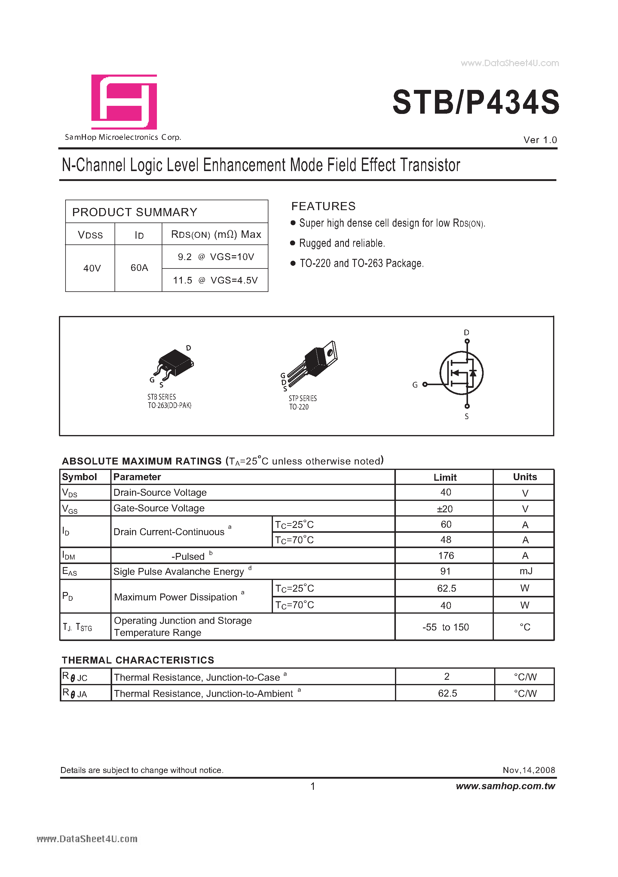 Datasheet STP434S page 1 Datasheet STP434S - N-Channel Logic Level Enhancement Mode Field Effect Transistor page 1