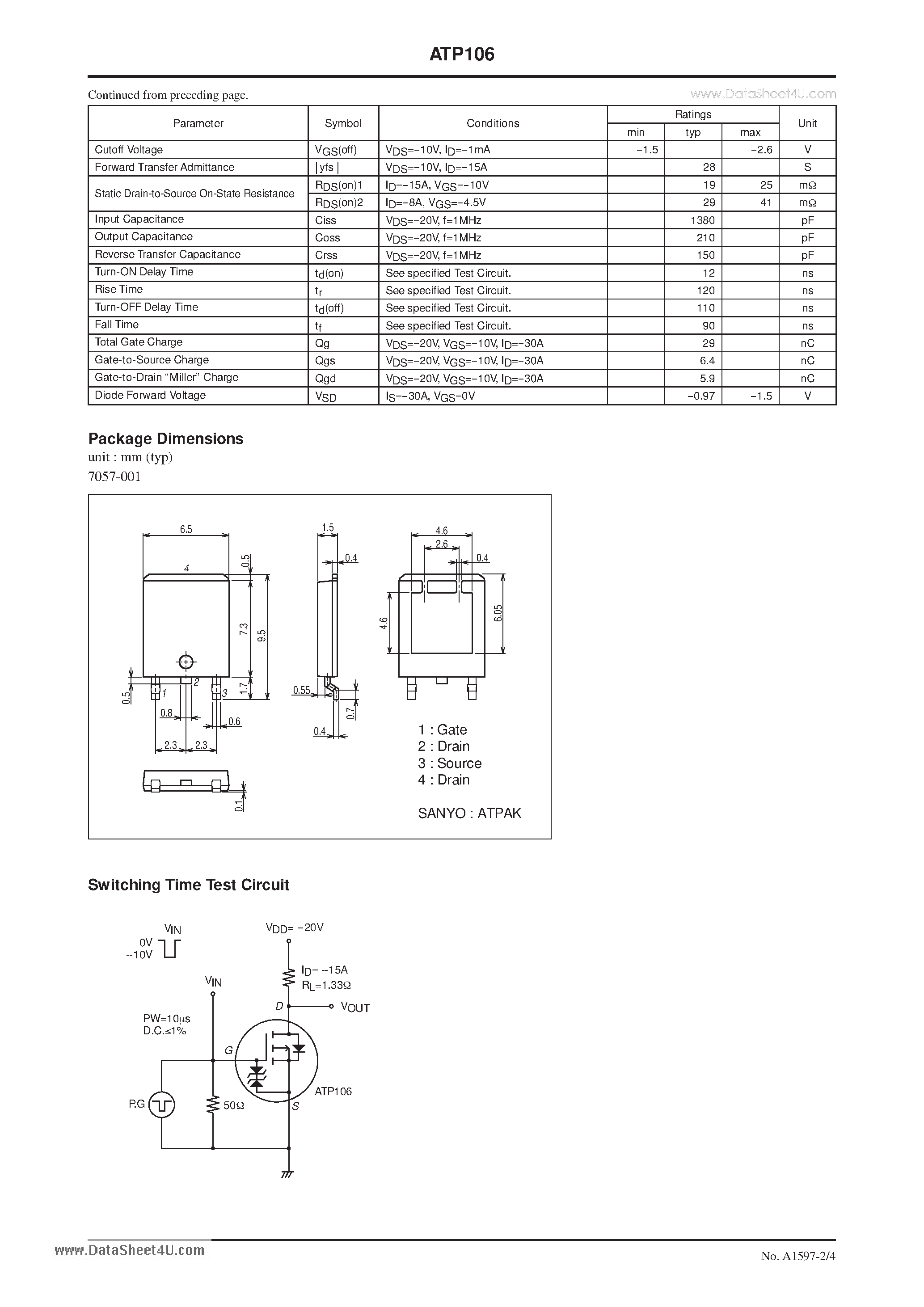 Даташит ATP106 - P-Channel Silicon MOSFET General-Purpose Switching Device Applications страница 2