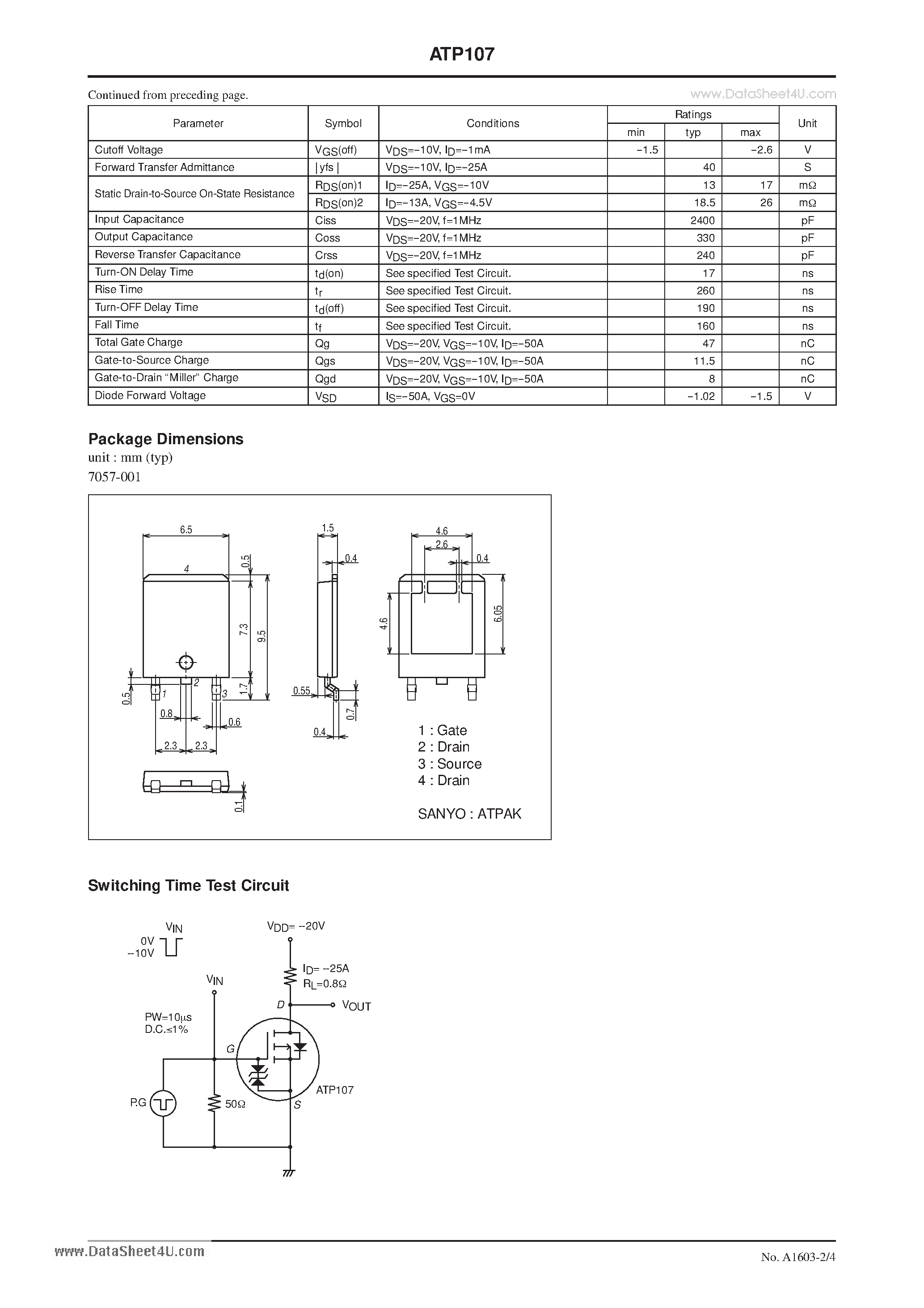 Datasheet ATP107 page 2 Datasheet ATP107 - P-Channel Silicon MOSFET General-Purpose Switching Device Applications page 2