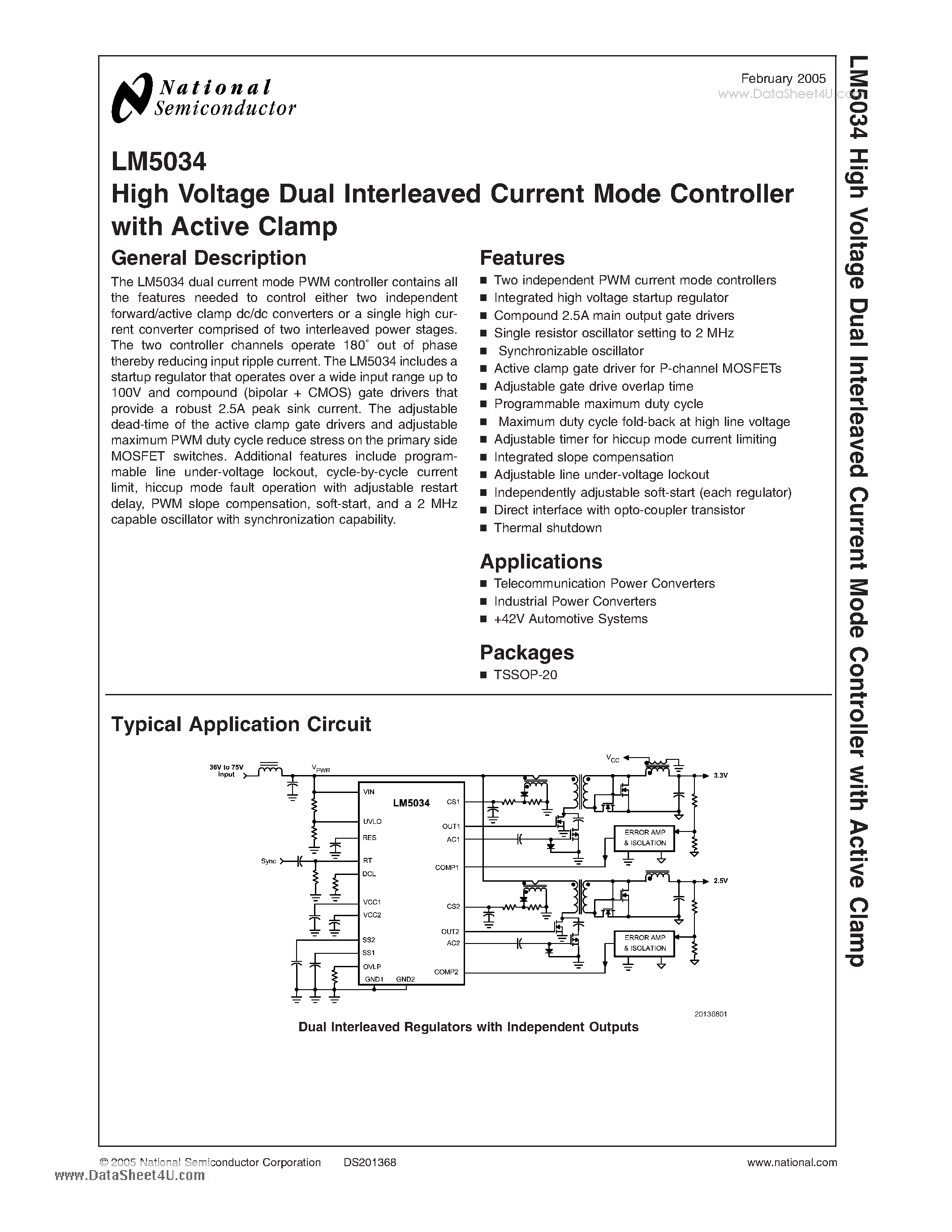 Даташит на микросхему LM5034 страница 1 Даташит LM5034 - High Voltage Dual Interleaved Current Mode Controller страница 1