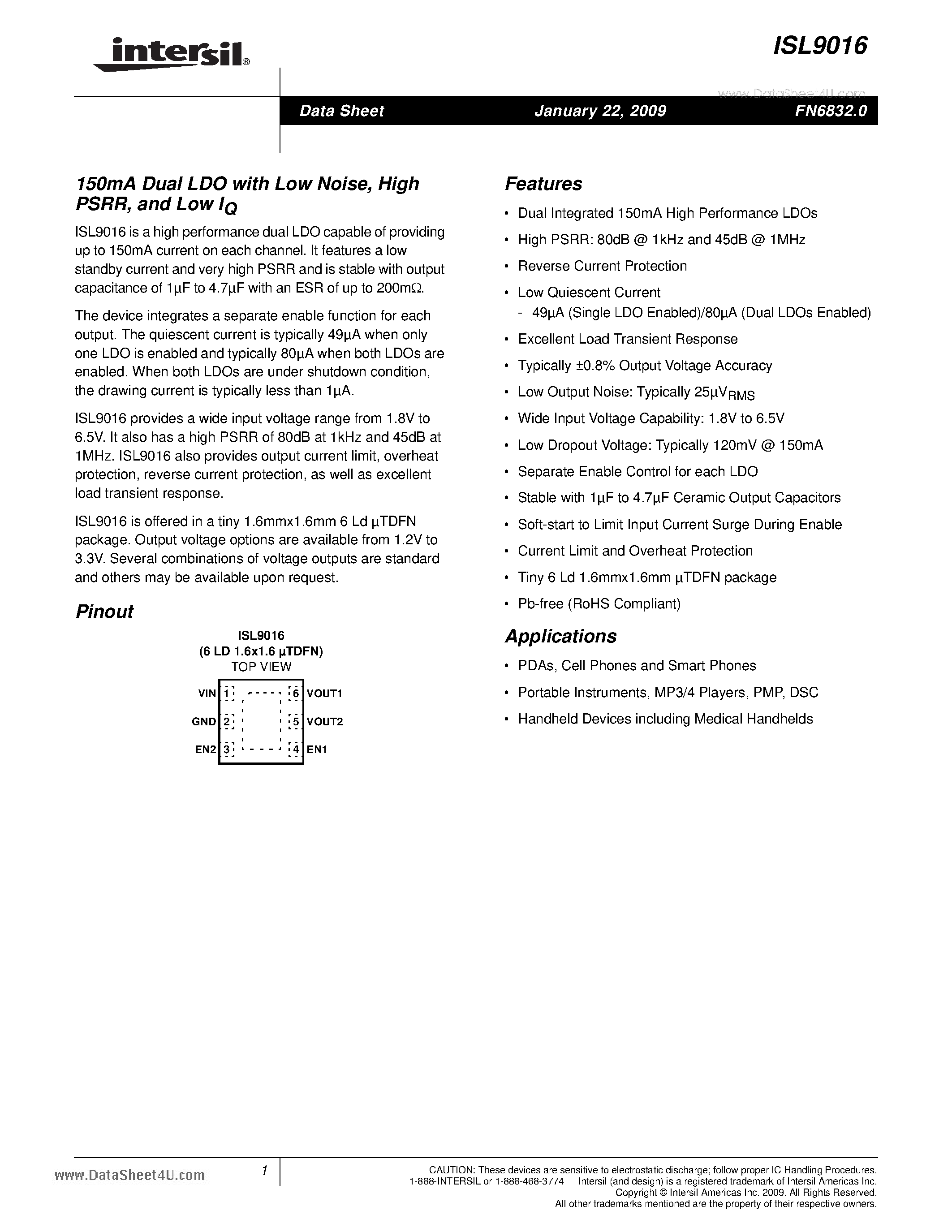 Datasheet ISL9016 page 1 Datasheet ISL9016 - 150mA Dual LDO page 1