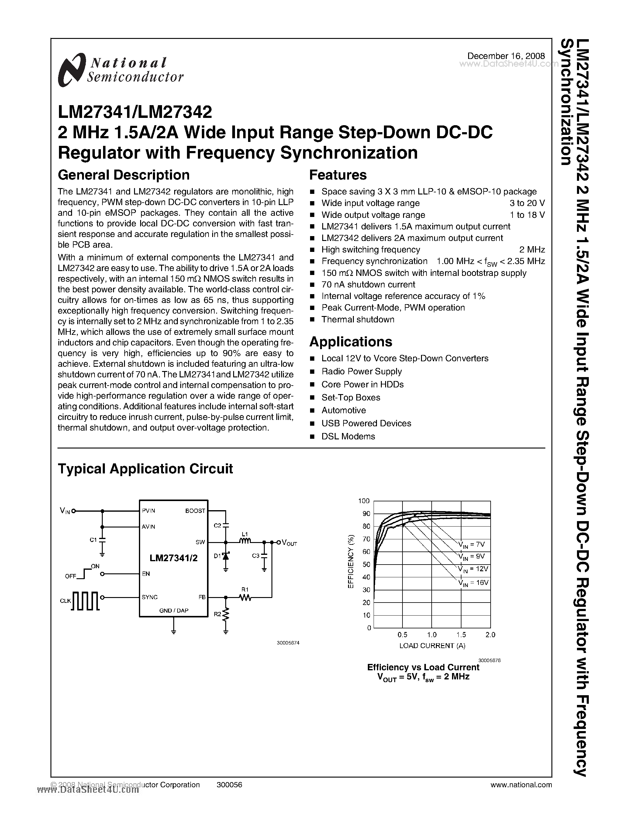 Datasheet LM27341 page 1 Datasheet LM27341 - 2 MHz 1.5A/2A Wide Input Range Step-Down DC-DC Regulator page 1