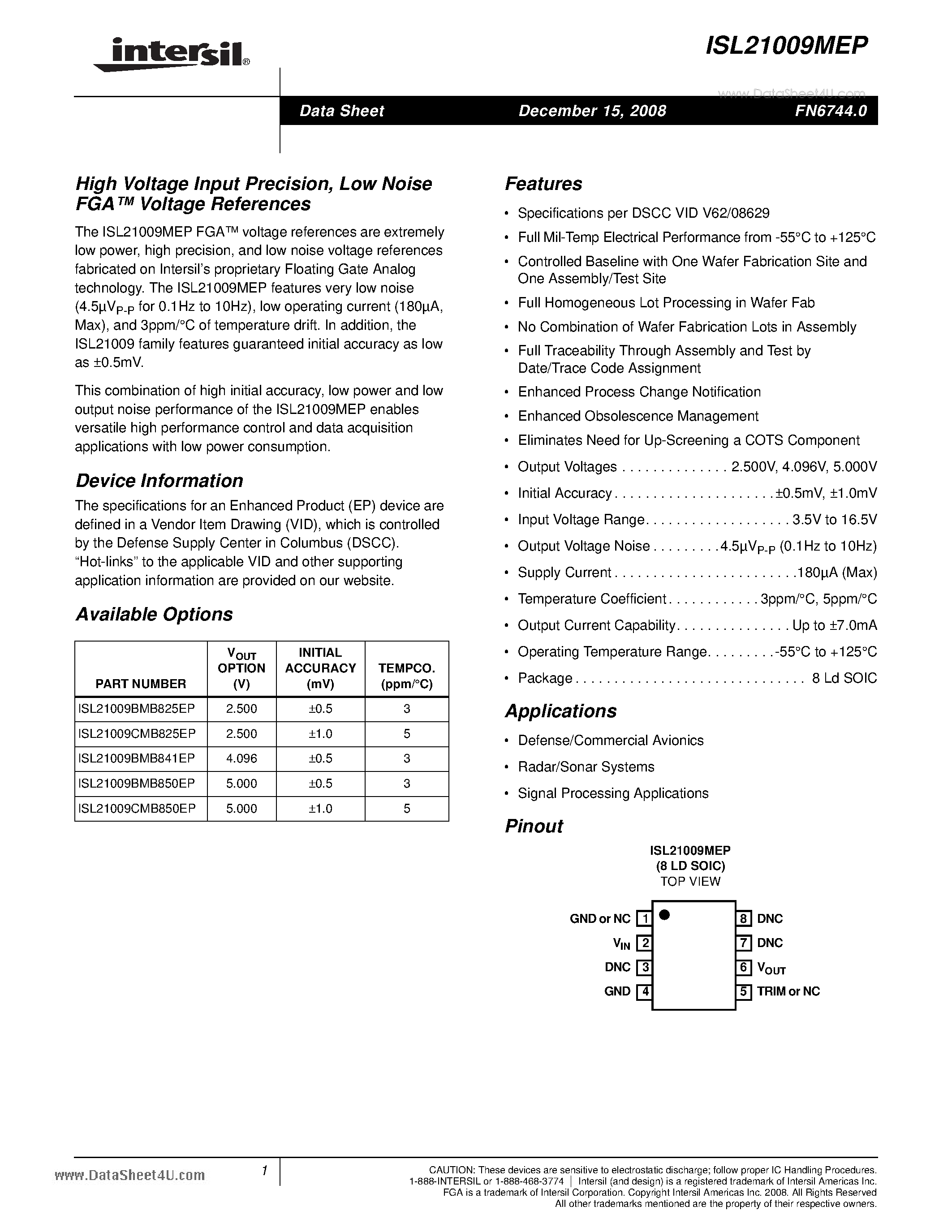 Datasheet ISL21009MEP - High Voltage Input Precision Low Noise FGA Voltage References page 1